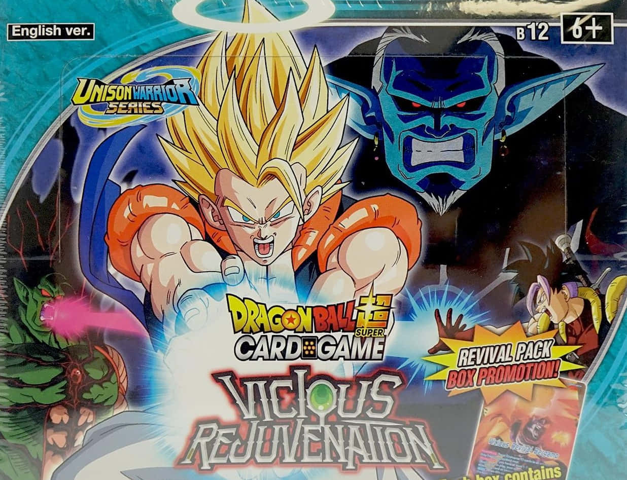 Dragon Ball Super Games 桌布 壁紙 — 一個動態動漫卡牌遊戲盒， featuring 超級賽亞人悟空與一個擁有發光眼睛、威脅性的藍皮膚反派戰鬥。