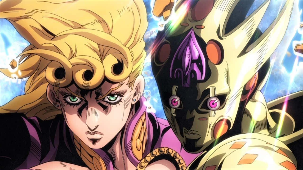 Gold Experience Jojo 桌布 壁紙 — 一個動態動漫場景，展示一個金髮綠眼角色與一個戴面具的盔甲人物，背景是發光的藍色。