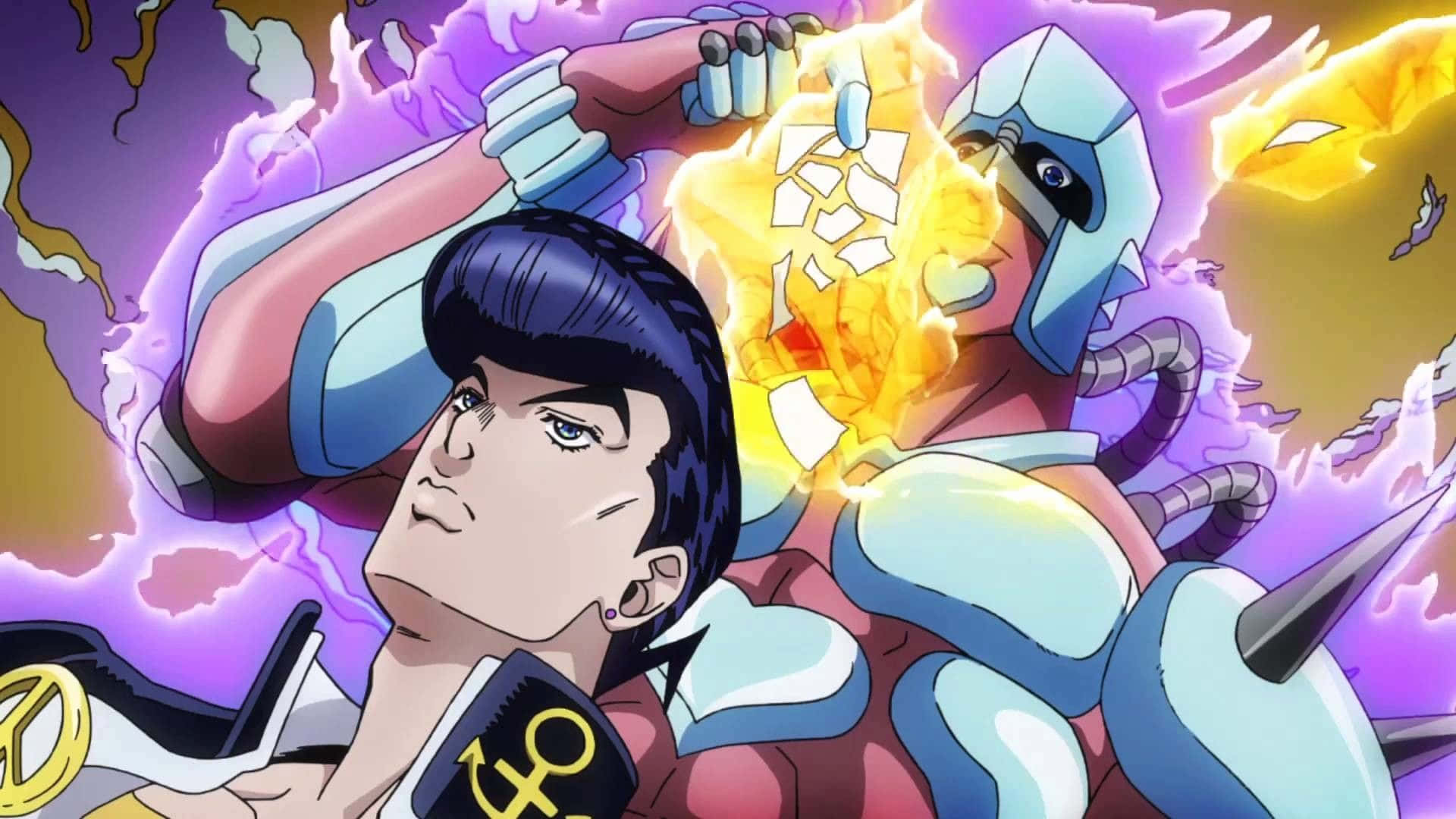 Diamond Is Unbreakable 桌布 壁紙 — 一個動態動漫場景，描繪一名黑髮年輕男子手持卡片，而一個機器人角色在充滿活力的紫色和黃色背景中釋放火焰能量。
