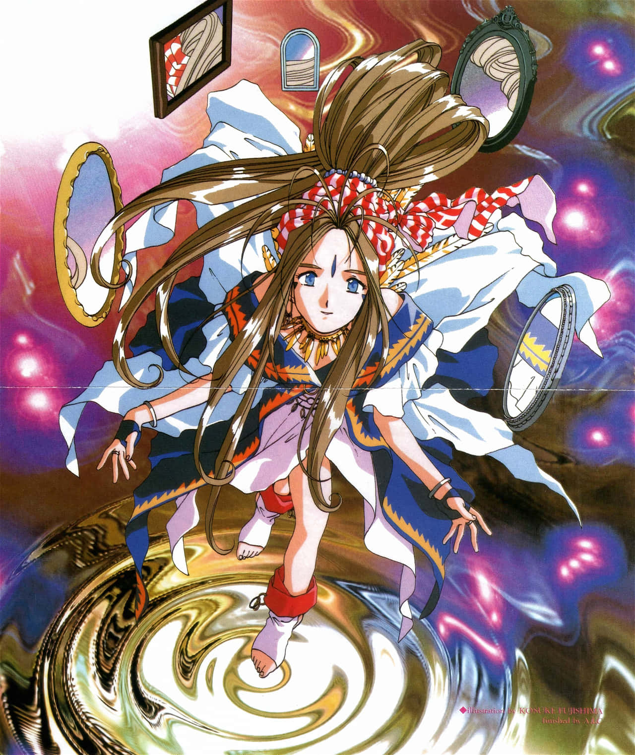 Ah My Goddess 桌布 壁紙 — 一個動態動漫女孩，擁有飄逸的棕色頭髮和紅色蝴蝶結，跳過一個被浮動鏡子包圍的旋轉宇宙漩渦。