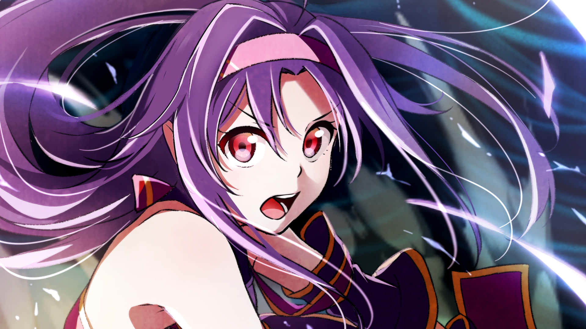 Yuuki Konno 桌布 壁紙 — 一個動態動漫女孩，擁有飄逸的紫色頭髮和紅色眼睛，在發光的宇宙背景下強烈凝視。