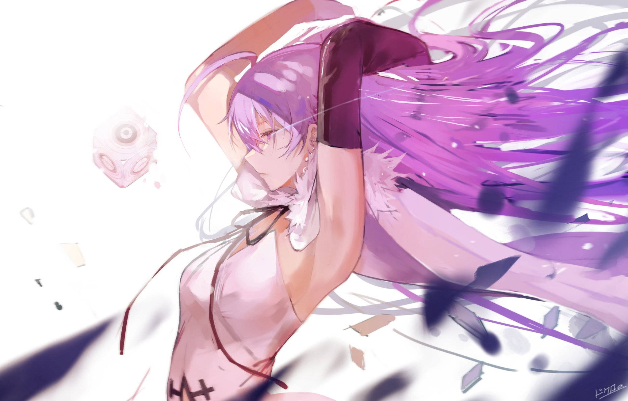 Vivy 桌布 壁紙 — 一個動態動漫女孩，擁有飄逸的紫色頭髮和粉紅色服裝，在明亮的白色背景前擺姿勢，周圍有漂浮的碎片。