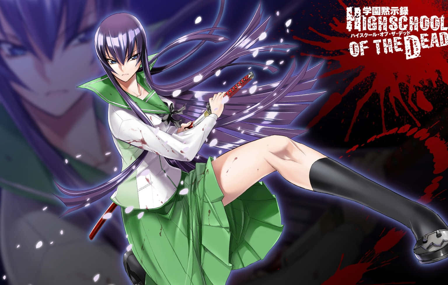 Highschool Of The Dead 桌布 壁紙 — 一個動態動漫女孩，紫色頭髮，綠色制服，在深紅和藍色背景前揮舞著一把沾血的武士刀。