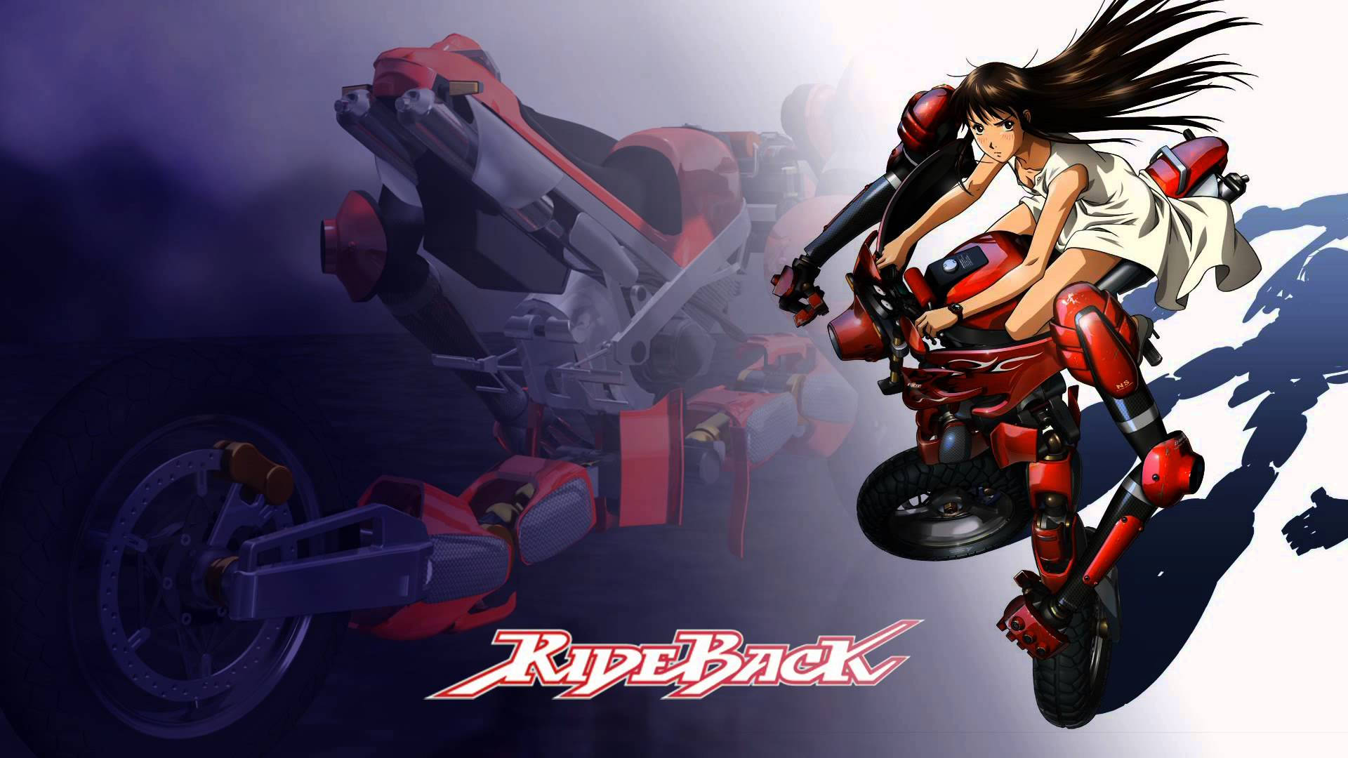 rideback 桌布 壁紙 — 一個動態動漫女孩，長髮飄逸，在煙霧瀰漫的黑暗背景中騎著一輛紅色未來風格的機車。