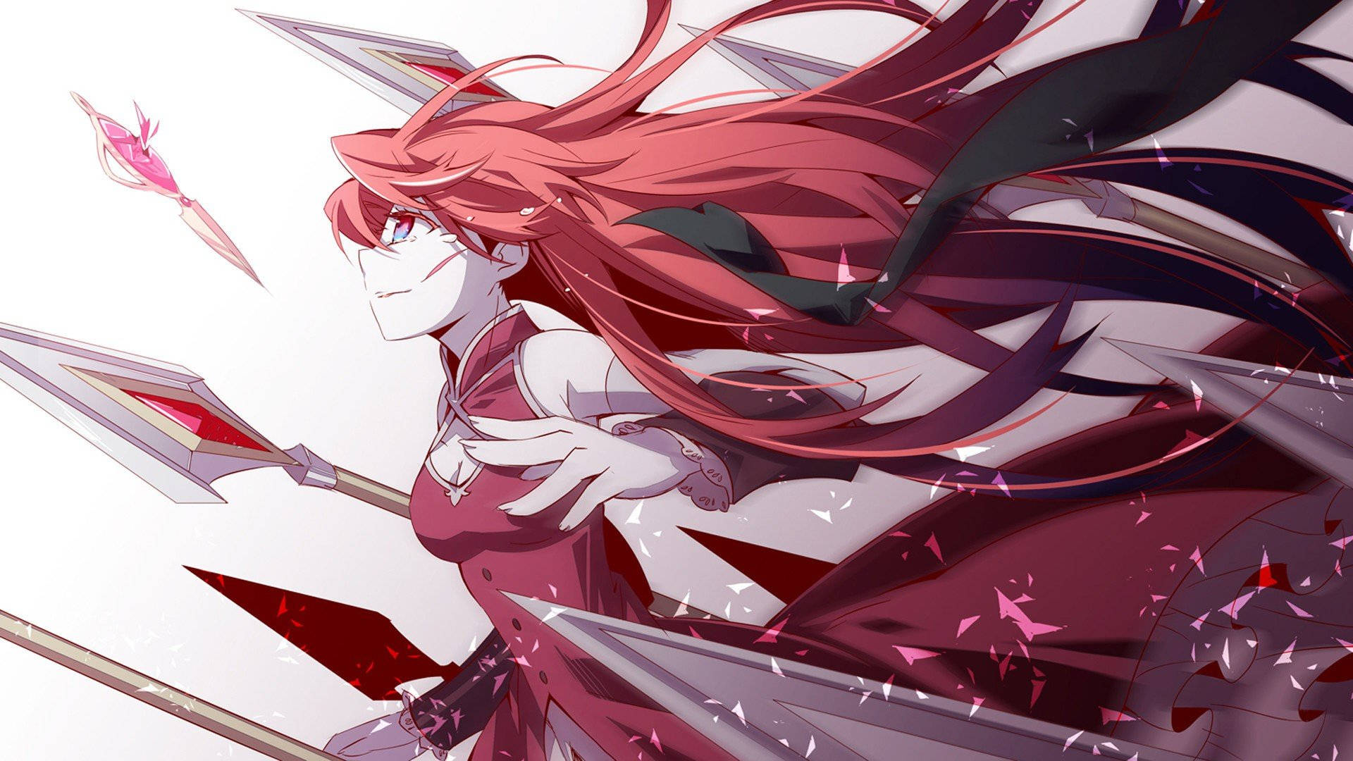 Madoka 桌布 壁紙 — 一個動態動漫女孩，飄逸的紅髮，在純白背景下，於破碎的粉紅色碎片中揮舞長矛。