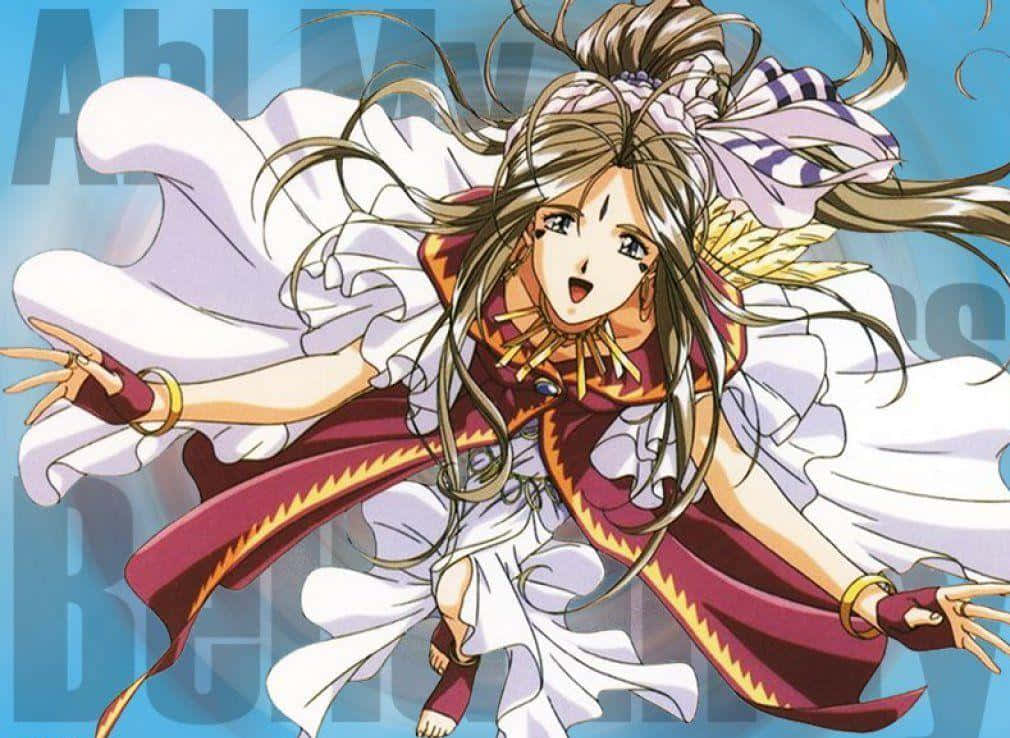 Ah My Goddess 桌布 壁紙 — 一個動態動漫女孩，飄逸的頭髮，穿著白色和栗色的服裝，在藍色背景上向前跳躍。