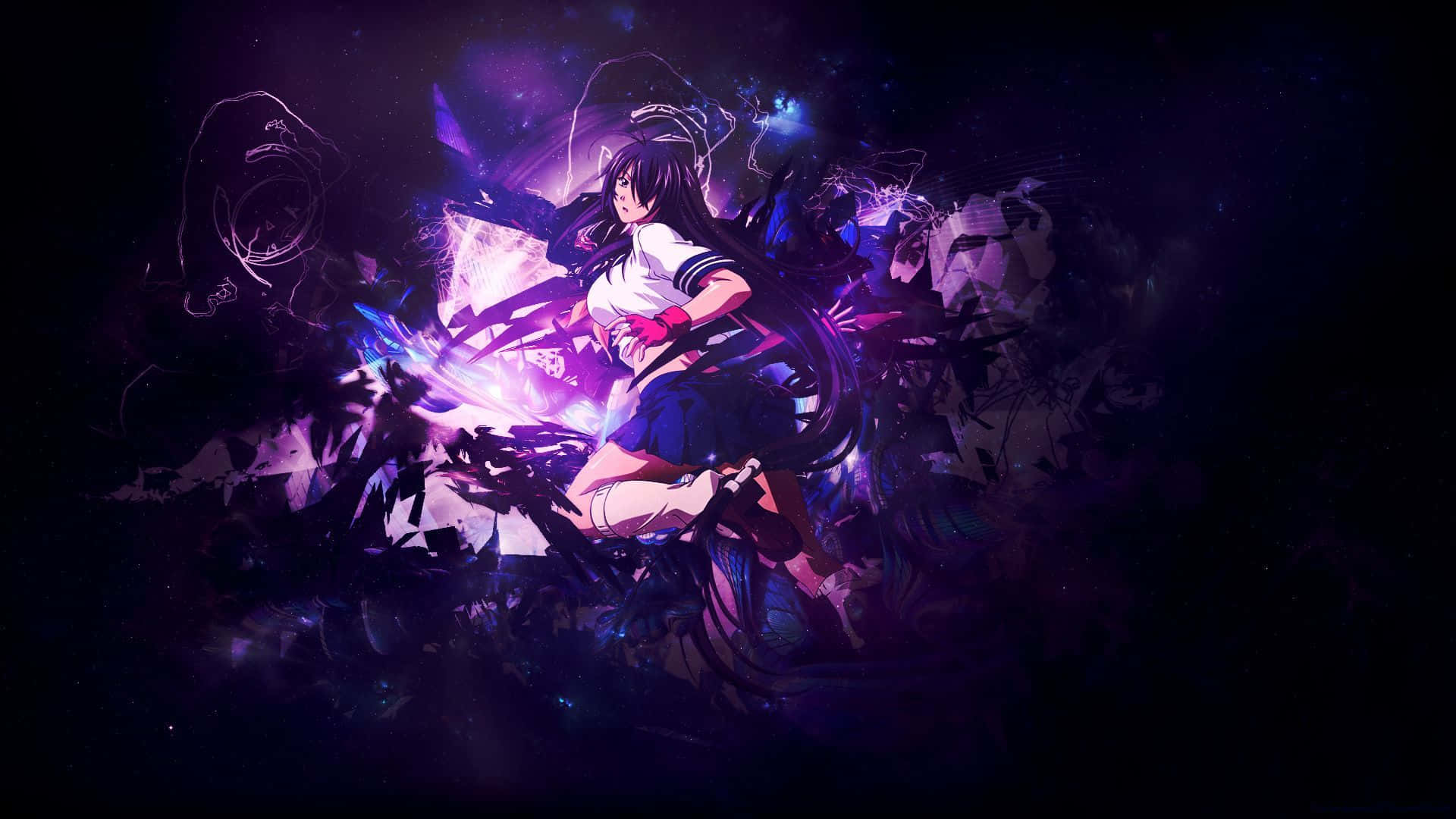 Purple Anime 桌布 壁紙 — 一個動態動漫女孩穿著校服，在黑暗的宇宙背景下釋放出發光的紫色能量。