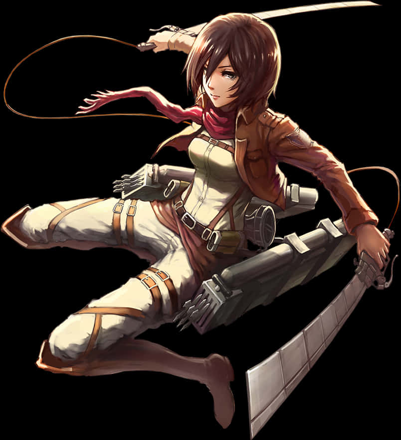 Cool Anime Girl 桌布 壁紙 — 一個動態動漫女孩身穿戰鬥裝備，在黑色背景前騰空躍起，揮舞著巨劍和繩索。