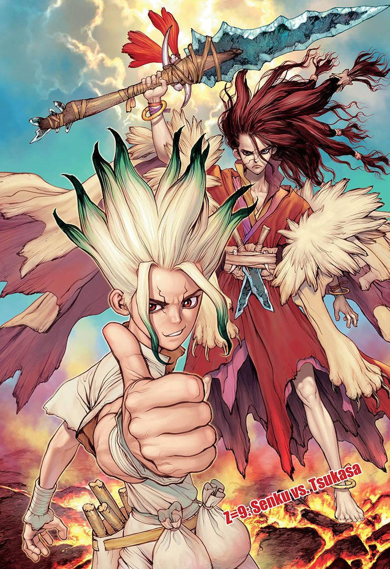 Dr Stone 桌布 壁紙 — 一個動態動漫戰鬥場景，兩名戰士，其中一名頭髮尖刺豎起，豎起大拇指，同時揮舞著一把巨斧，背景是火熱的。