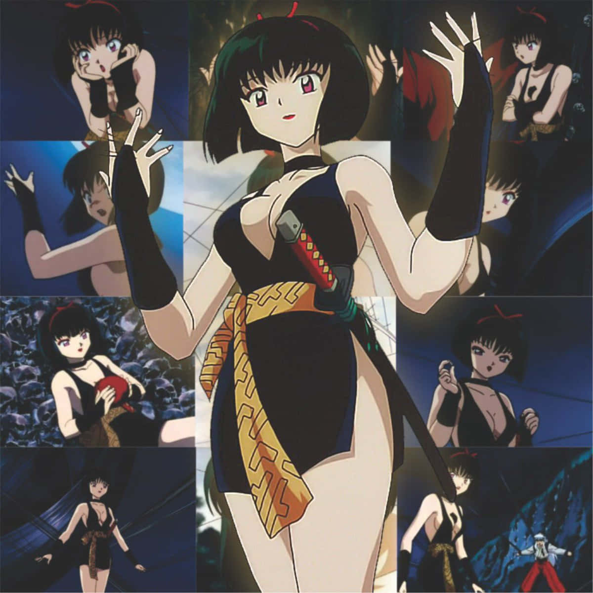 Inuyasha Yura 桌布 壁紙 — 一個動態動漫拼貼， featuring 一位黑髮女戰士穿著黑色服裝，配有黃色腰帶和劍，周圍環繞著動作場景。