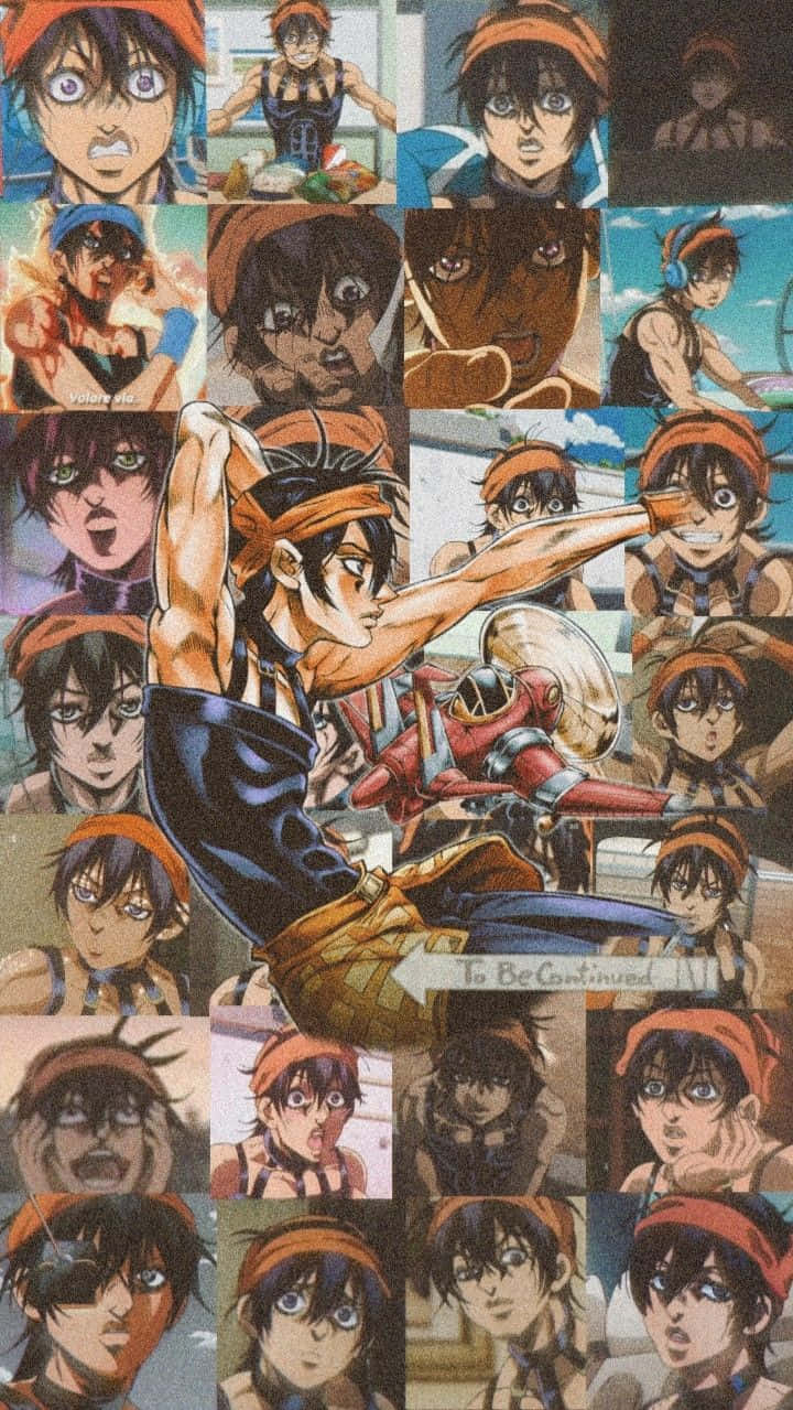 Narancia Ghirga 桌布 壁紙 — 一個動態動漫拼貼畫，中央有一位武術家正在出拳，周圍環繞著表情豐富的角色肖像。