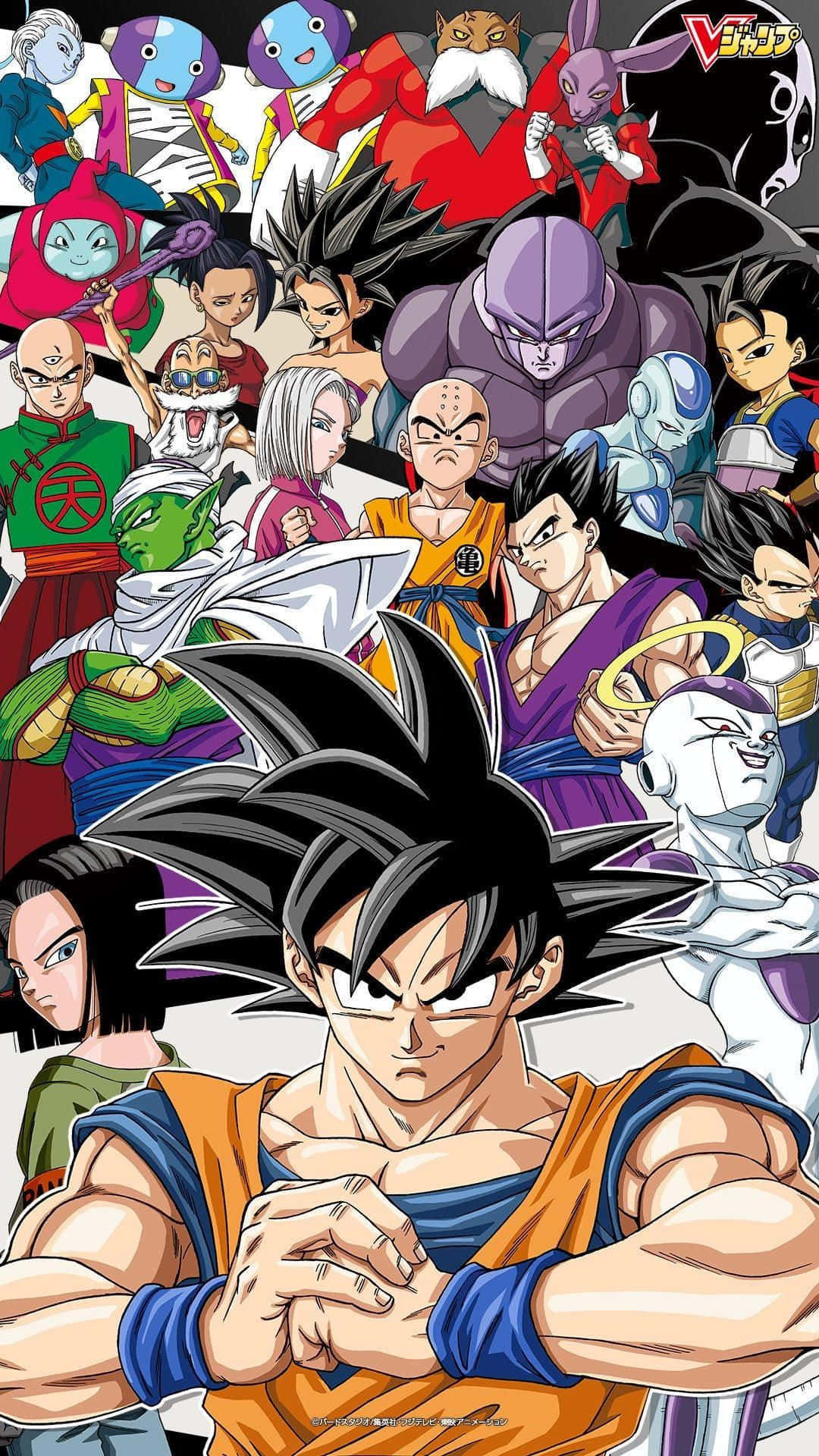 Dragon Ball Super Universe 6 桌布 壁紙 — 一個動態動漫拼貼畫，以悟空和其他七龍珠角色在白色背景上擺出大膽姿勢。