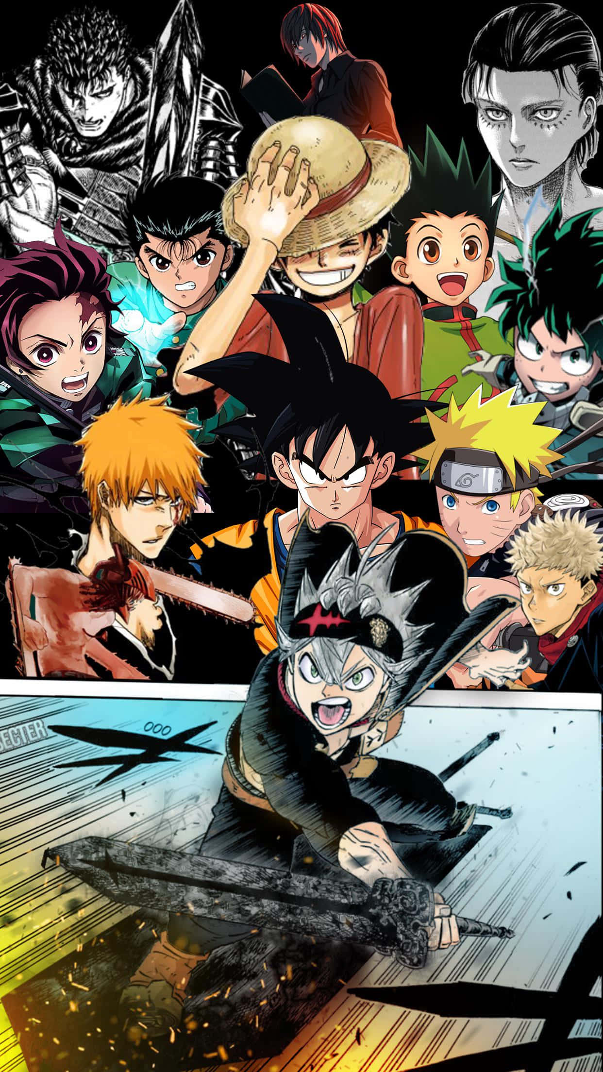 Manga Characters 桌布 壁紙 — 一個動態動漫拼貼畫，以魯夫、悟空和鳴人等標誌性角色在黑暗背景下擺出充滿動作的姿勢。