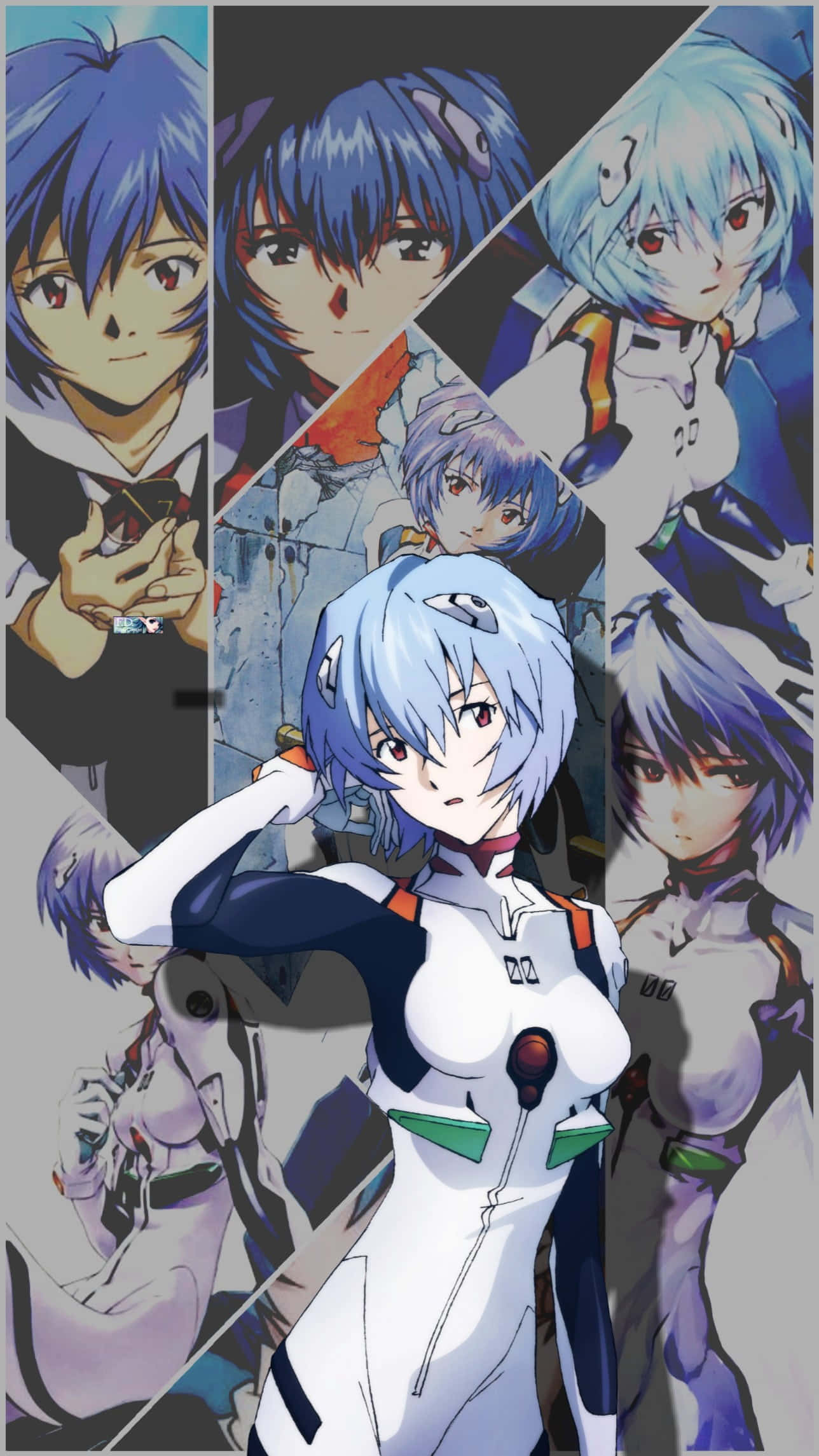 rei ayanami 桌布 壁紙 — 一個動態動漫拼貼畫，包含多個藍色頭髮的角色，穿著白色和藍色的緊身衣，背景為幾何灰色。