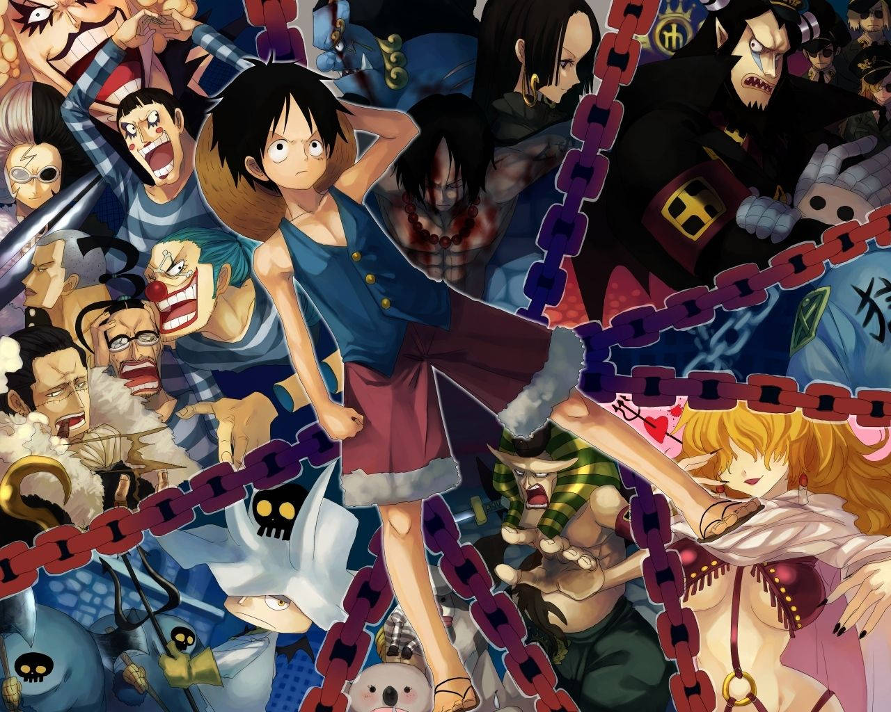 Luffy 桌布 壁紙 — 一個動態動漫拼貼畫，描繪《航海王》角色被粗鎖鏈纏繞在黑暗背景中。