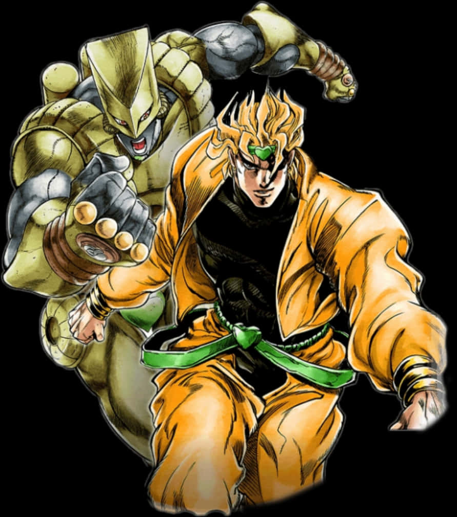 Dio 桌布 壁紙 — 一個動態動漫插圖，描繪一個刺蝟頭戰士穿著橙色道服和綠色腰帶，面對一個肌肉發達的金色盔甲對手，背景為黑色。