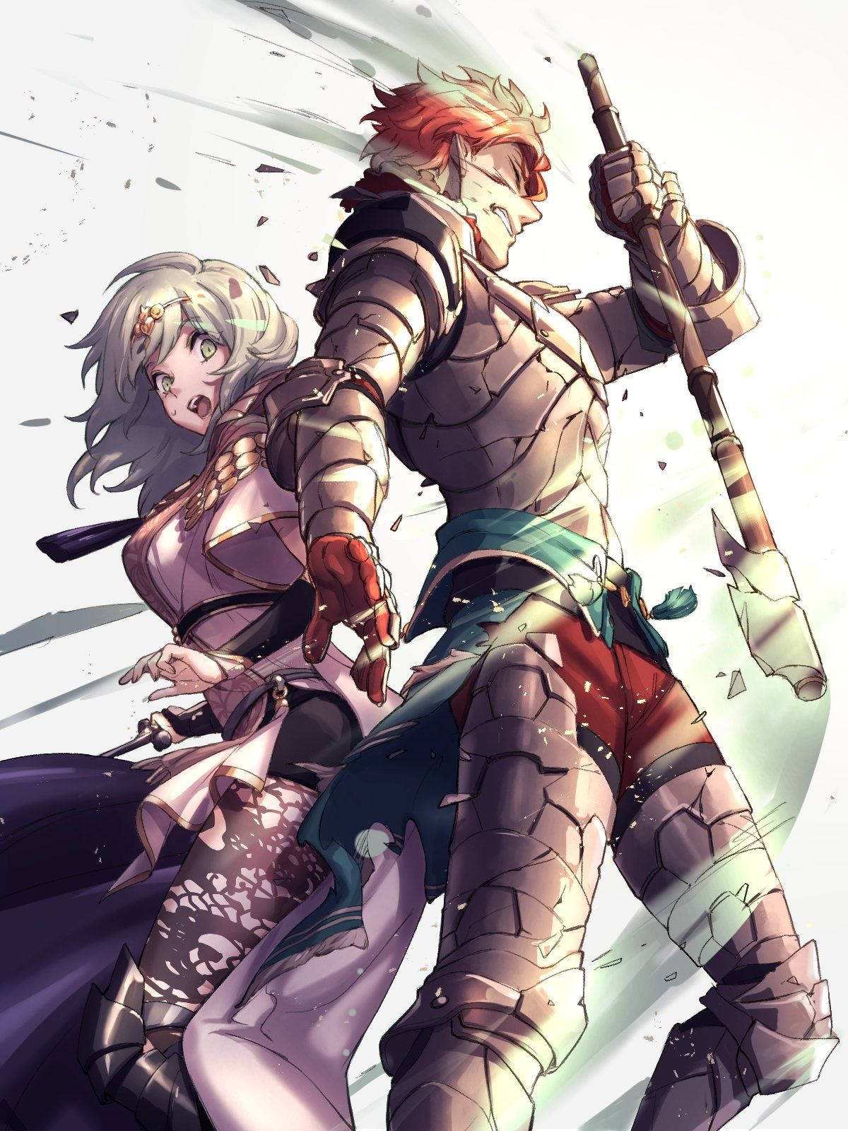 Fire Emblem Three Houses 桌布 壁紙 — 一個動態動漫插圖，描繪一名裝甲戰士和一名驚訝的女子在破碎背景中移動。