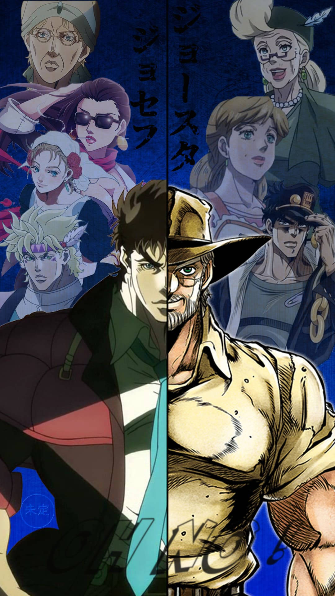 Jojo 桌布 壁紙 — 一個動態動漫桌布，JoJo的奇妙冒險角色垂直分割，具有大膽的陰影和戲劇性的表情。