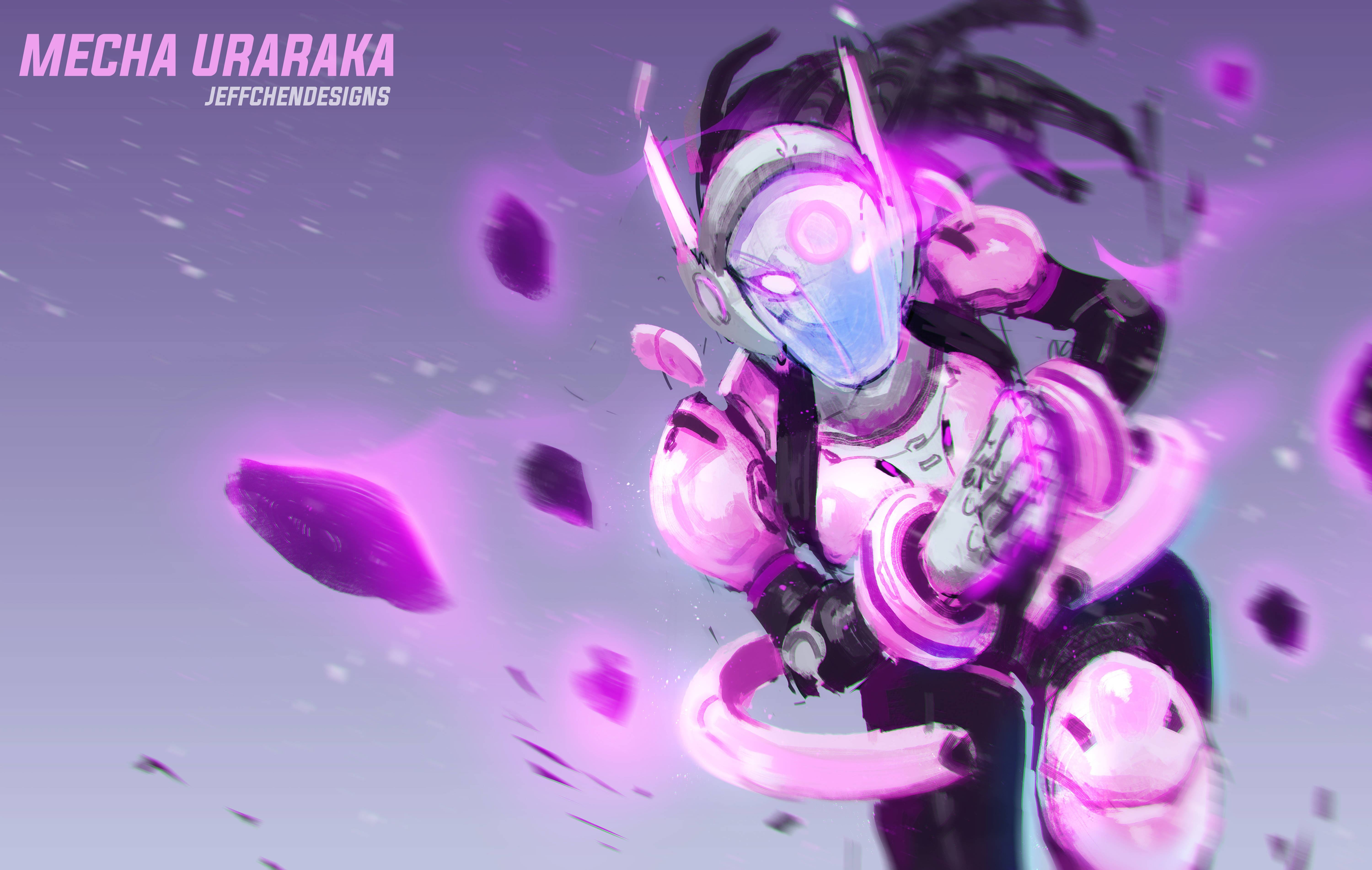 Uraraka 桌布 壁紙 — 一個動態動漫機甲戰士，身穿粉紅和黑色裝甲，在柔和的薰衣草色天空下釋放出發光的紫色能量爆炸。