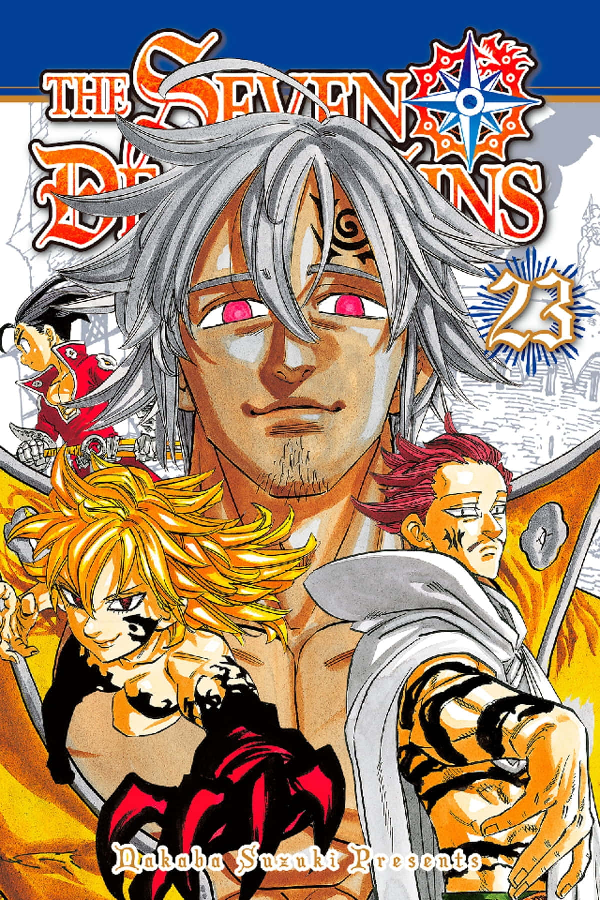 The Seven Deadly Sins 桌布 壁紙 — 一個動態動漫漫畫封面，描繪三個帶有銀色、金色和紅色頭髮的強烈角色，背景為藍色和橙色。
