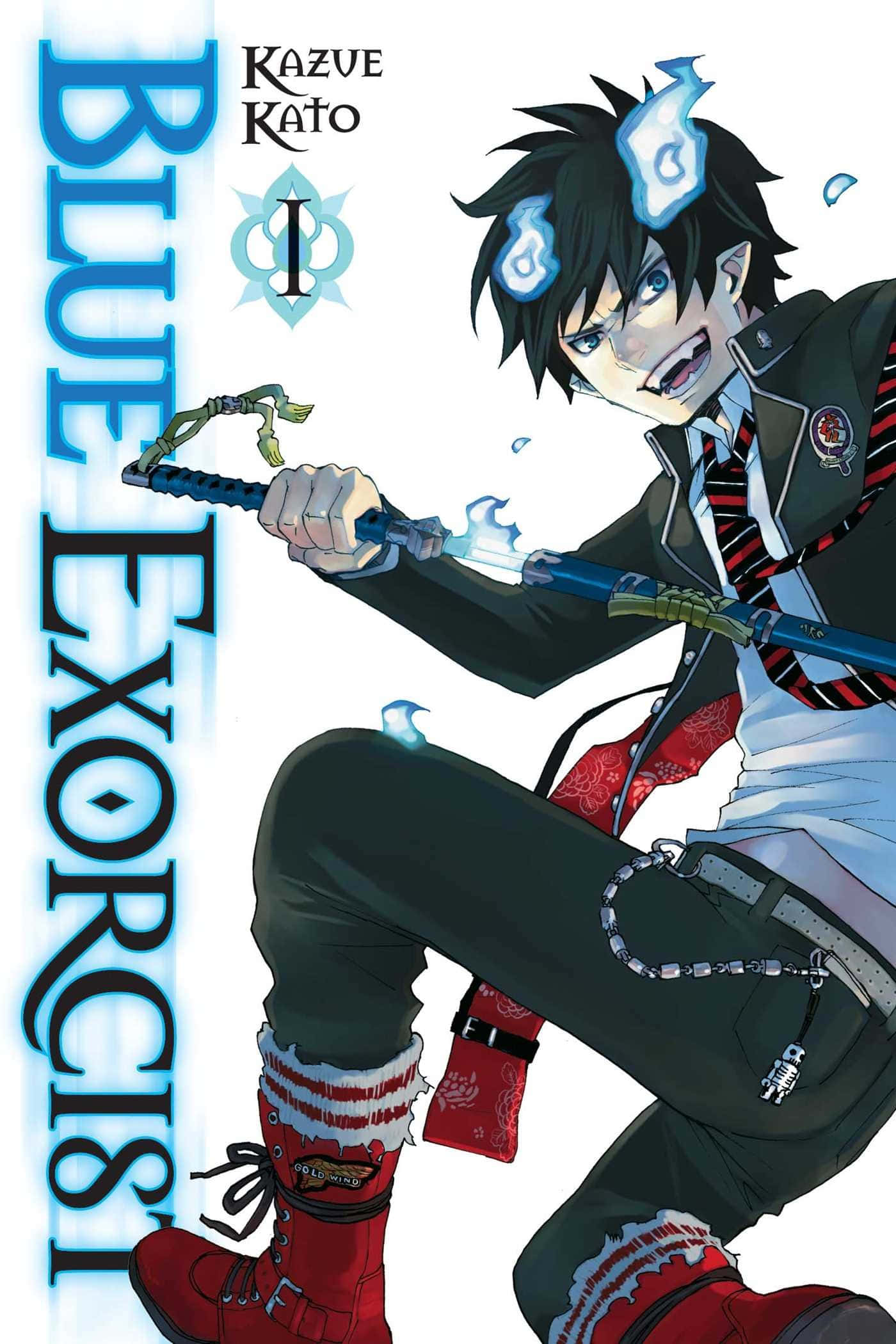 Blue Exorcist 桌布 壁紙 — 一個動態動漫男孩，黑髮藍色靈火，身穿校服揮舞發光劍。