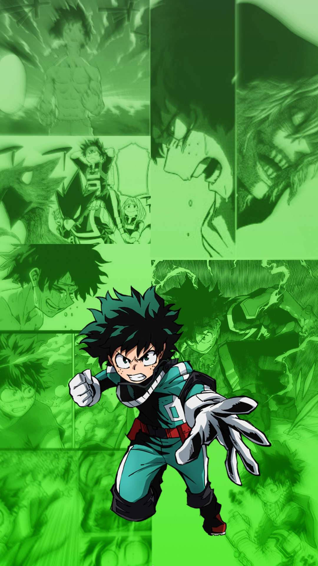 Todobakudeku 桌布 壁紙 — 一個動態動漫角色，在綠色色調的動作場景和強烈表情拼貼中。