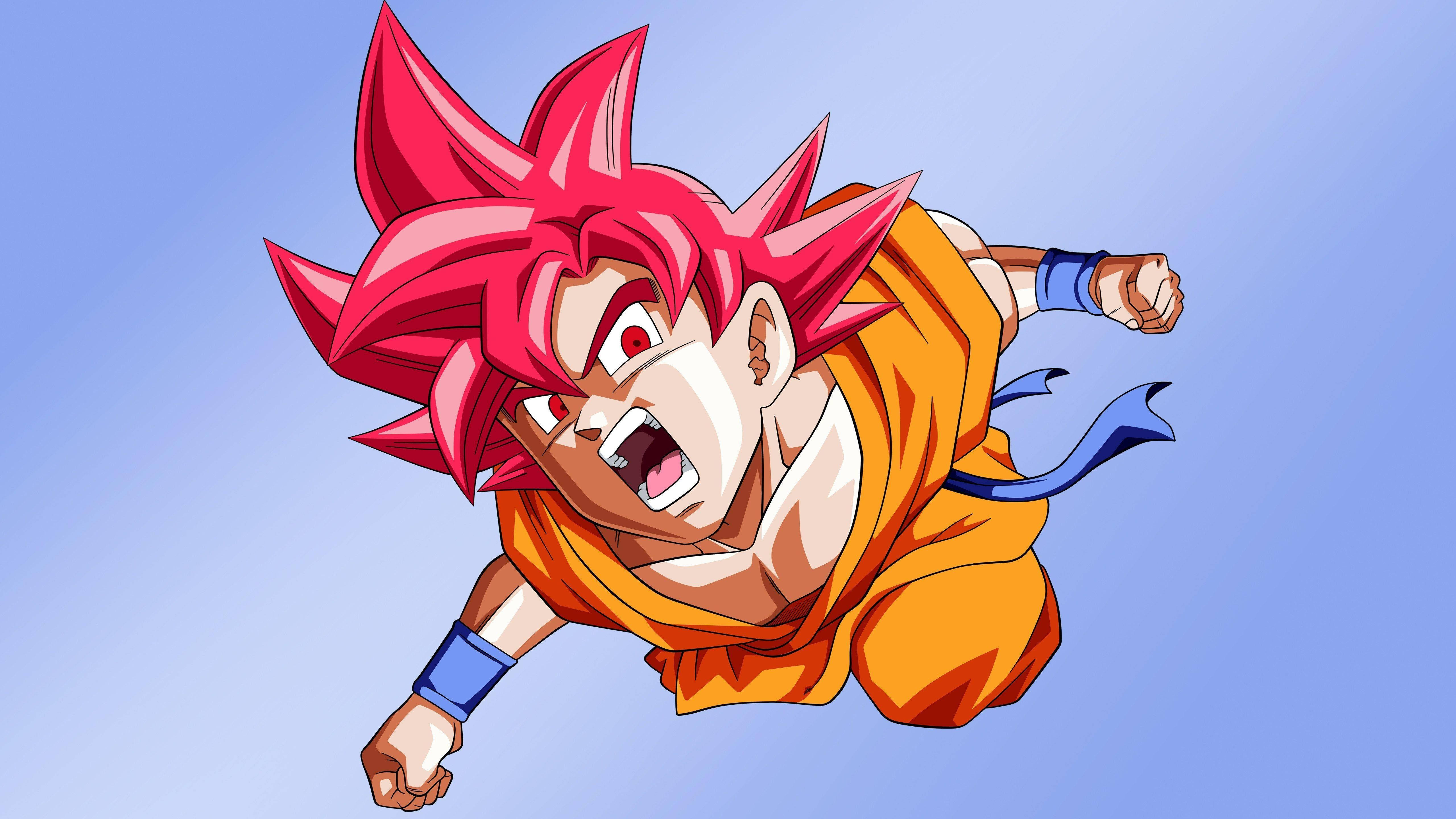 kaioken 桌布 壁紙 — 一個動態動漫角色，擁有尖刺的粉紅色頭髮和橙色道服，在漸變藍色天空背景下向前飛翔。