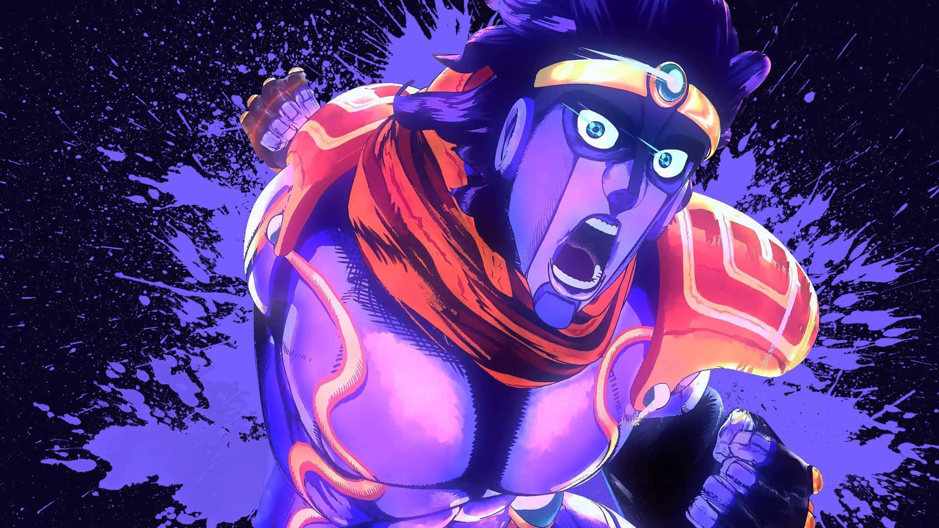 joseph joestar 桌布 壁紙 — 一個動態動漫角色，擁有紫色皮膚和橙色盔甲，在濺滿紫色的背景上咆哮。