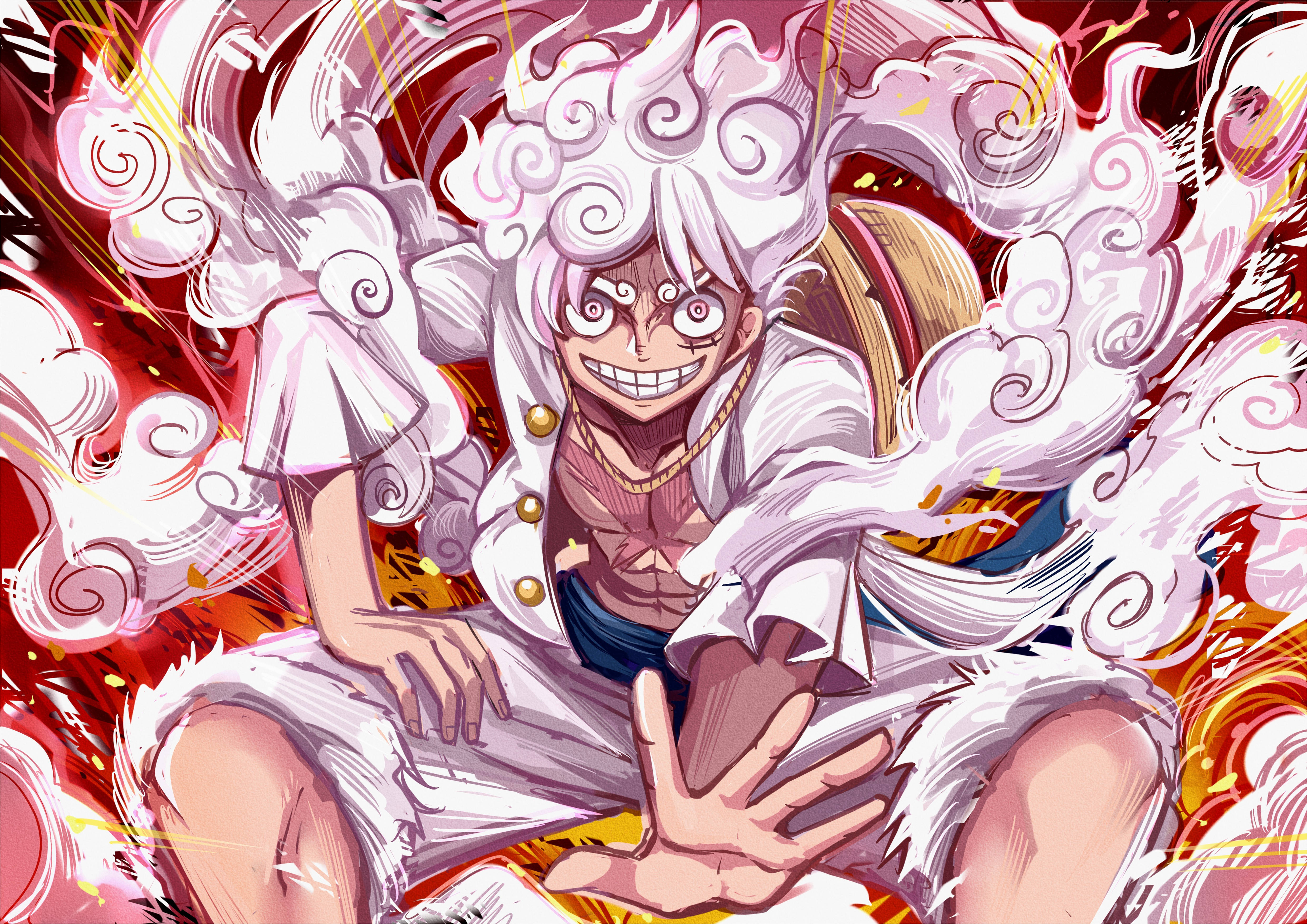 luffy smile 桌布 壁紙 — 一個動態動漫角色，白髮和旋轉的雲朵，在火紅的背景前散發出強烈的能量。