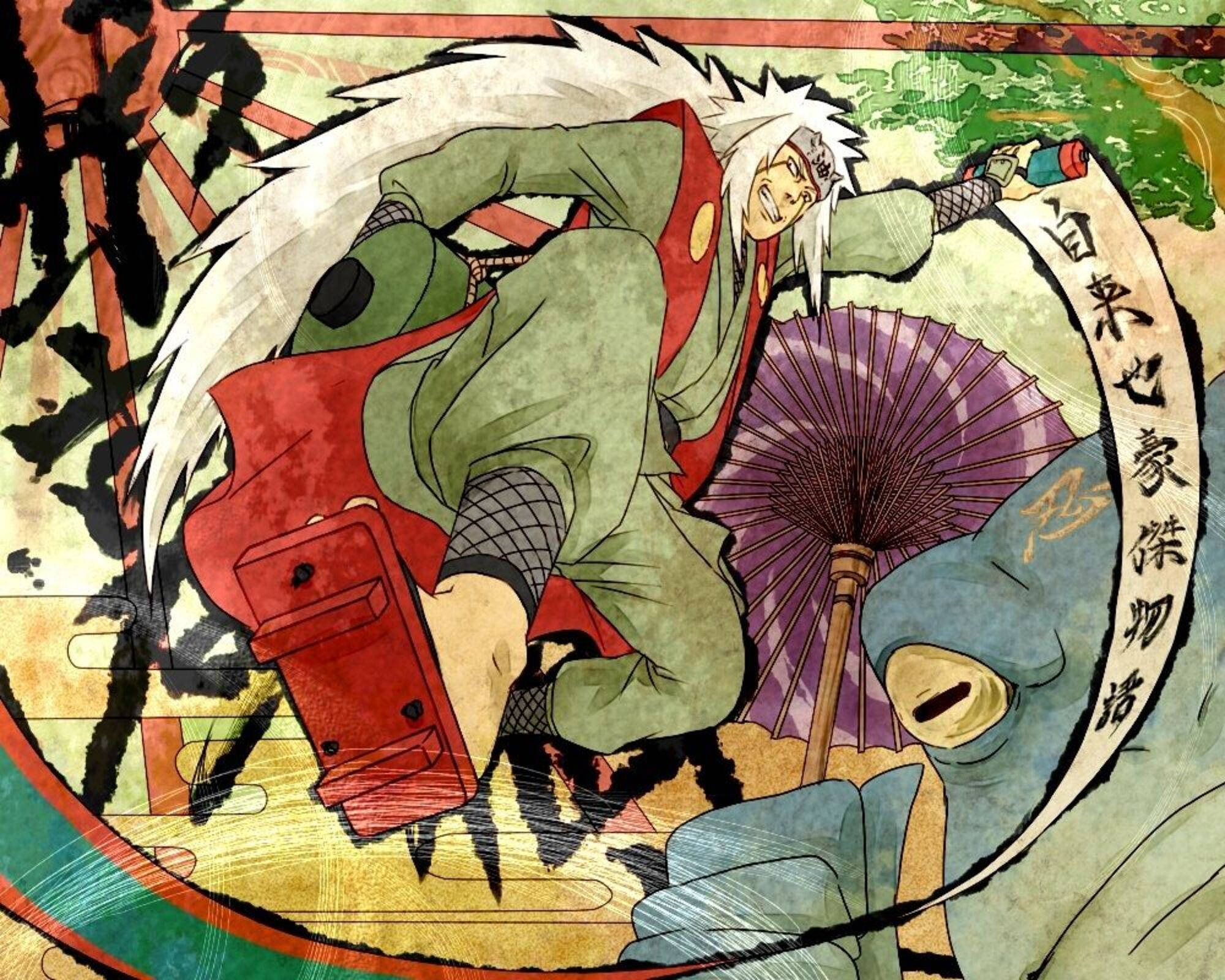 自來也 桌布 壁紙 — 一個動態動漫角色，白髮紅甲，手持紫色扇子，在半空中跳躍，背景為風格化的日本背景。