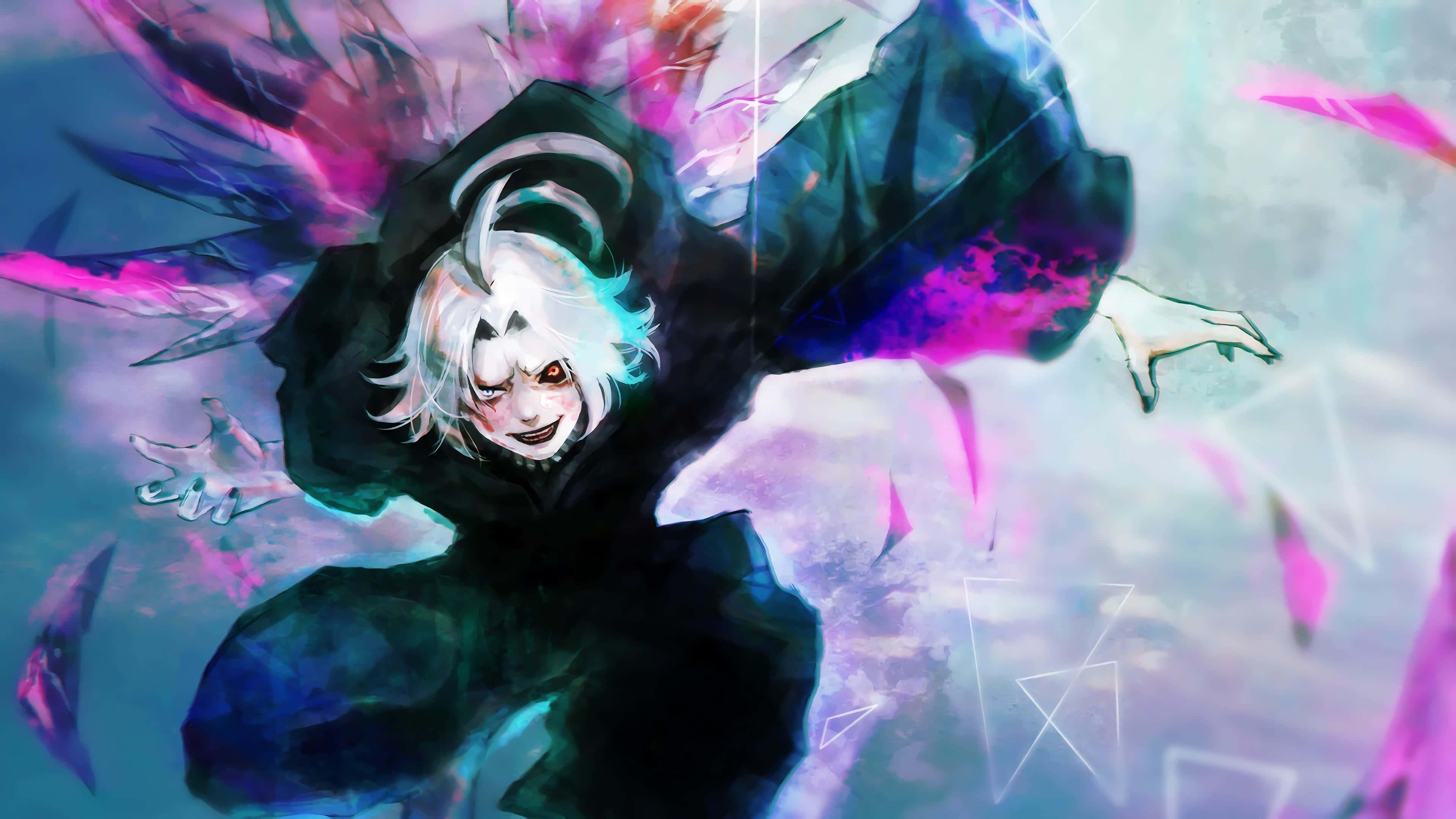 Seidou Takizawa 桌布 壁紙 — 一個動態動漫角色，白髮閃爍眼睛，在風格化的數位戰鬥場景中釋放出紫色能量爆發。