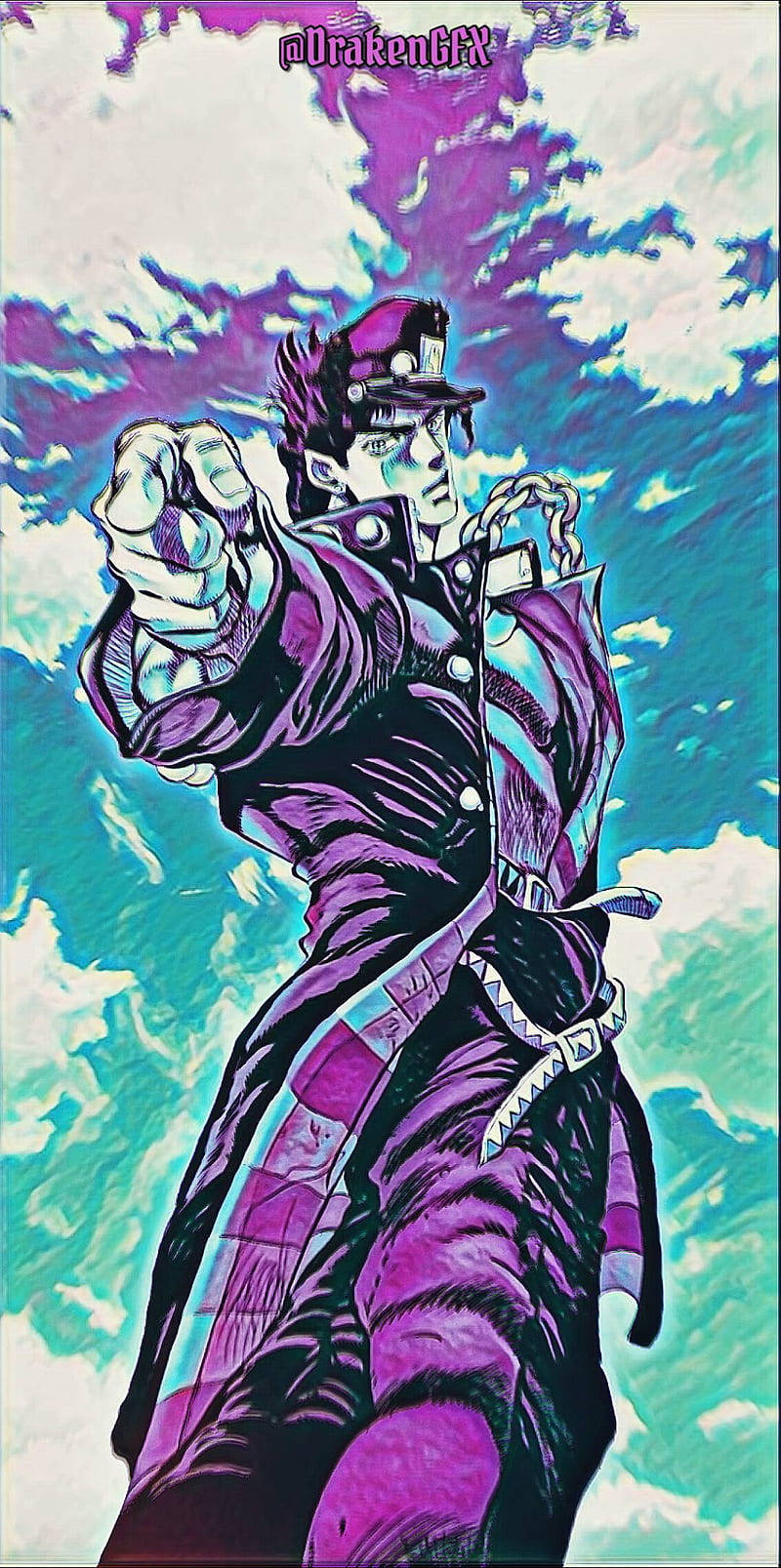 Jotaro 桌布 壁紙 — 一個動態動漫角色，身穿紫色外套和帽子，在旋轉的藍綠色和紫色天空前指向前方。