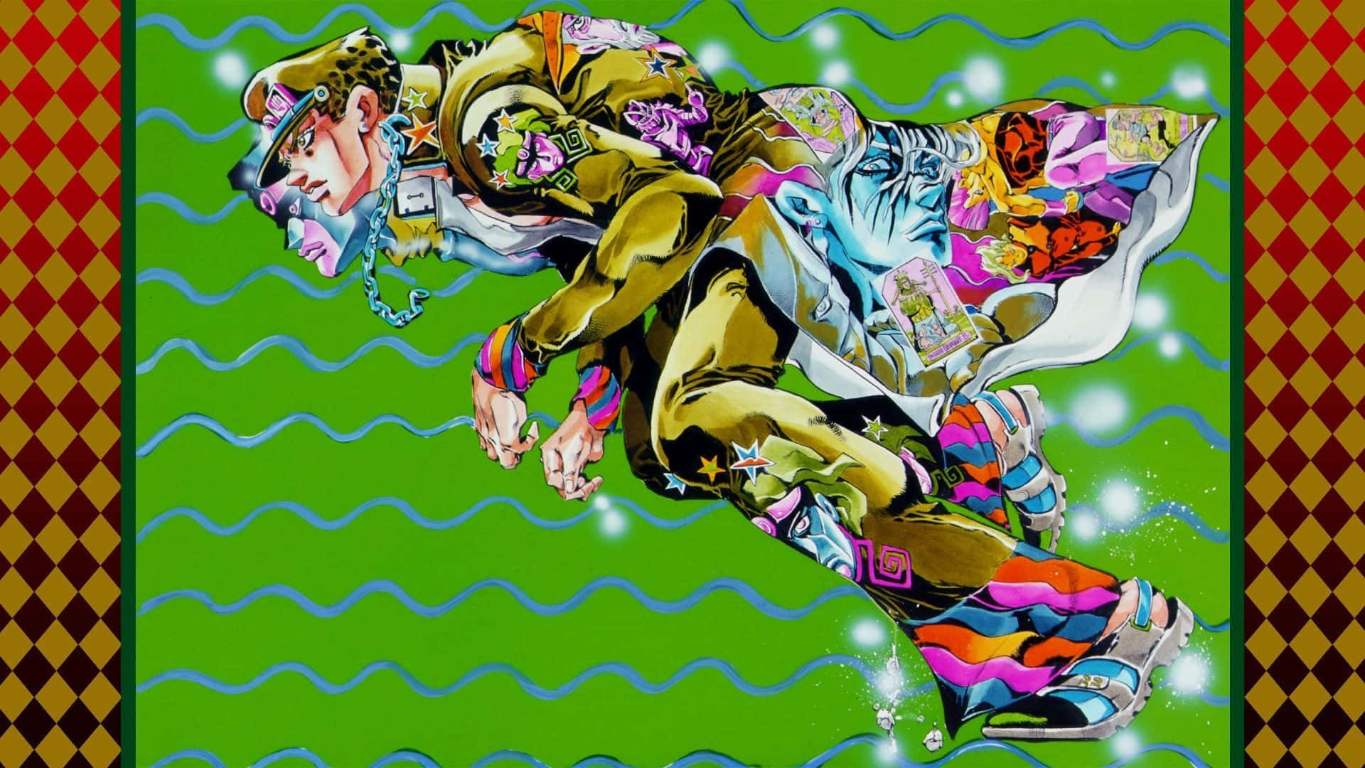 Jojo Manga 桌布 壁紙 — 一個動態動漫角色，身穿金色外套和彩色靴子，跳過一個綠色波浪背景，背景由紅色和金色鑽石邊框框住。