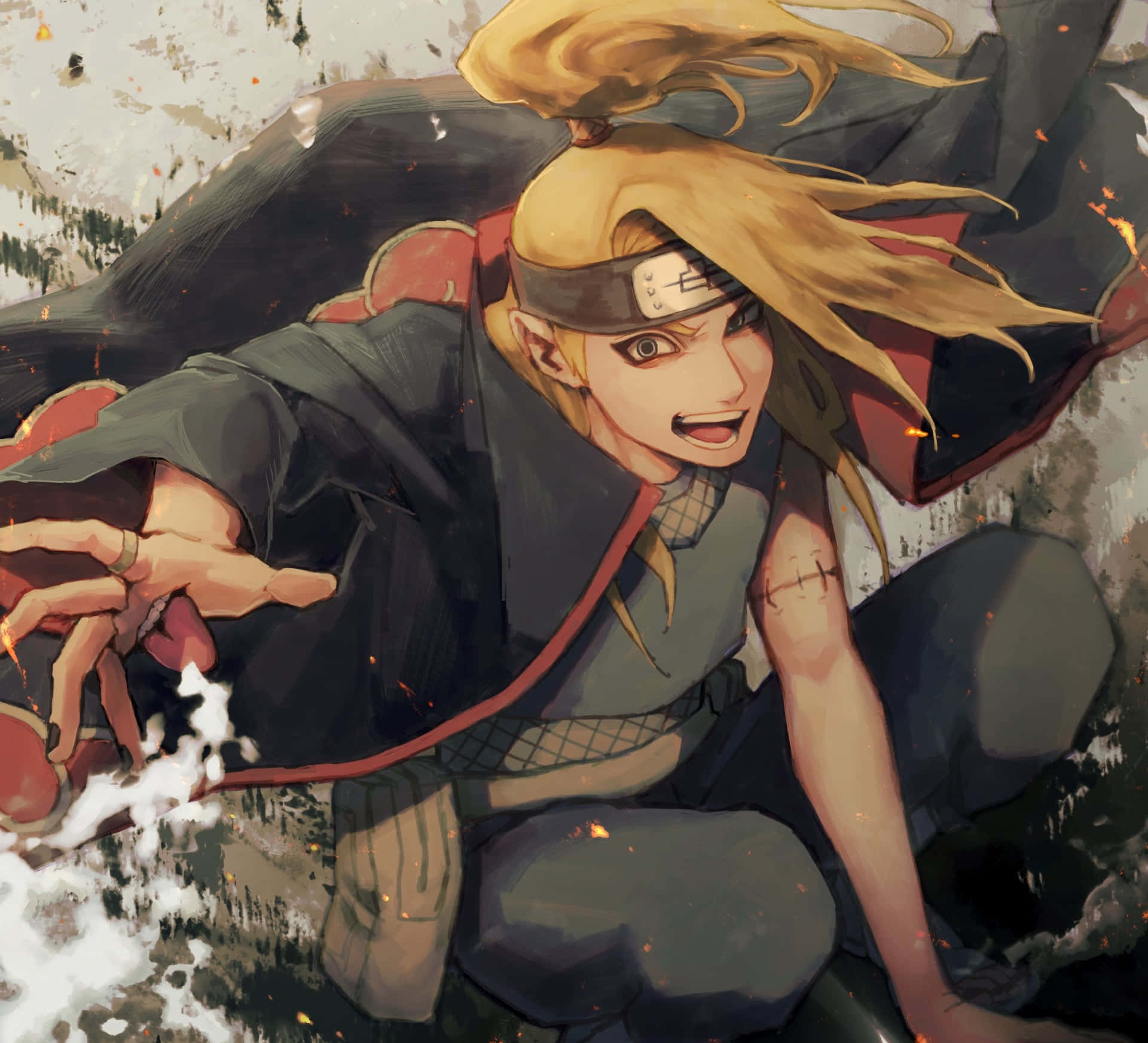 Akatsuki X Deidara 桌布 壁紙 — 一個動態動漫角色，金髮黑斗篷，在火花和雪地中向前猛衝。