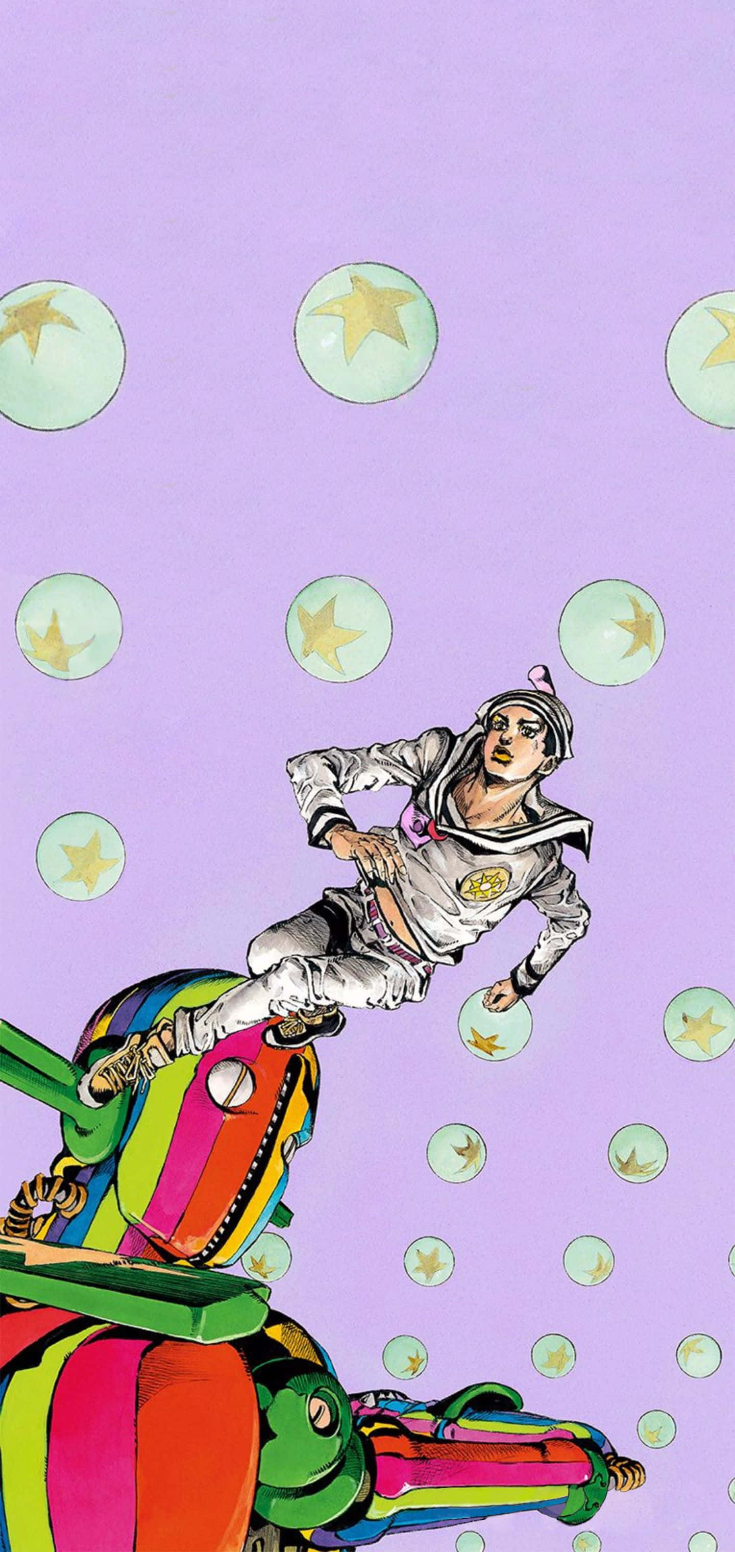 Jojolion 桌布 壁紙 — 一個動態動漫角色穿著水手服，在點綴著星星泡泡的薰衣草色天空背景下，跳上一台彩虹色的機器人。
