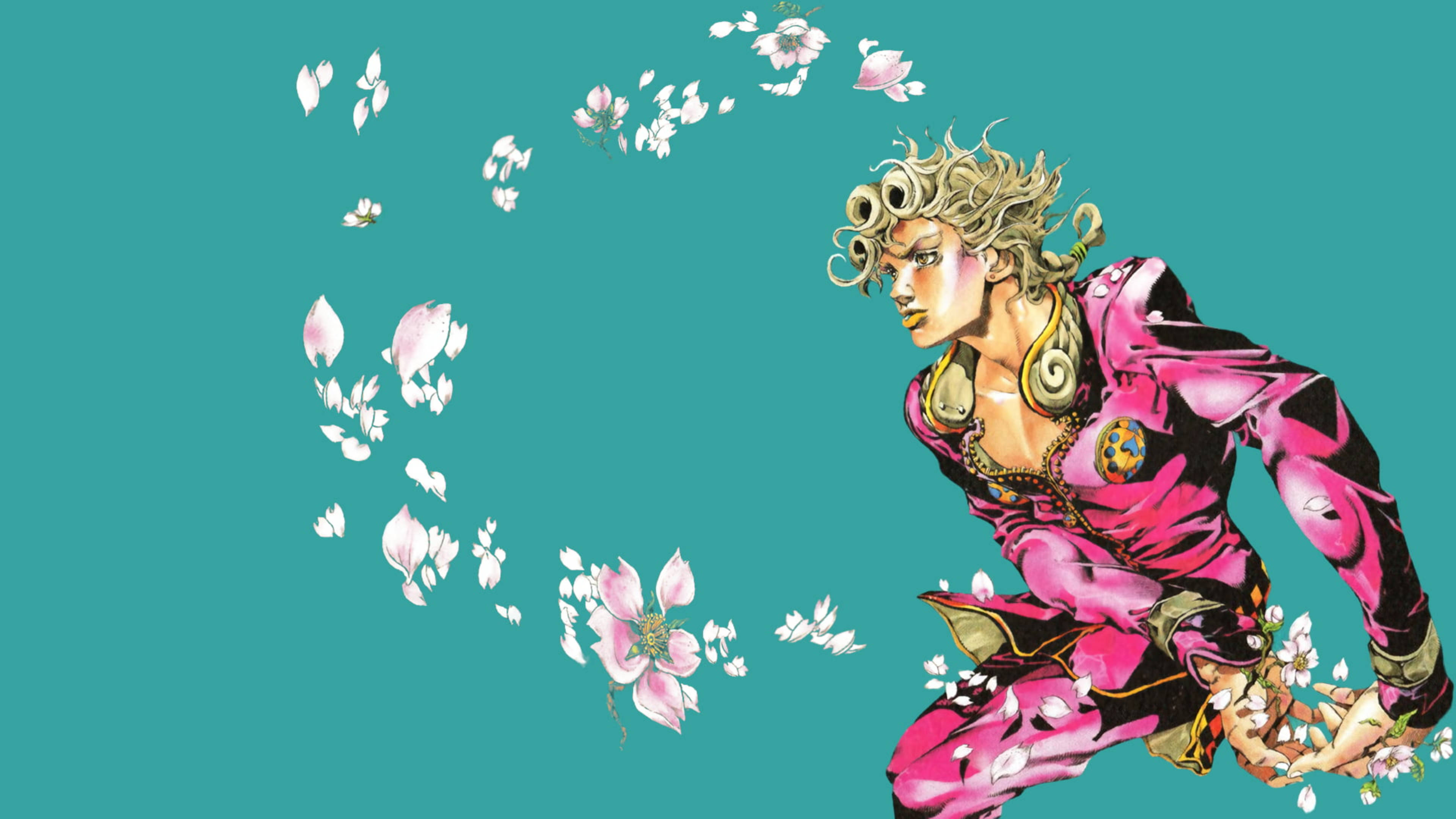 jojo 4K 桌布 壁紙 — 一個動態動漫角色穿著粉紅色服裝，在青綠色背景上漂浮的櫻花中蹲下。