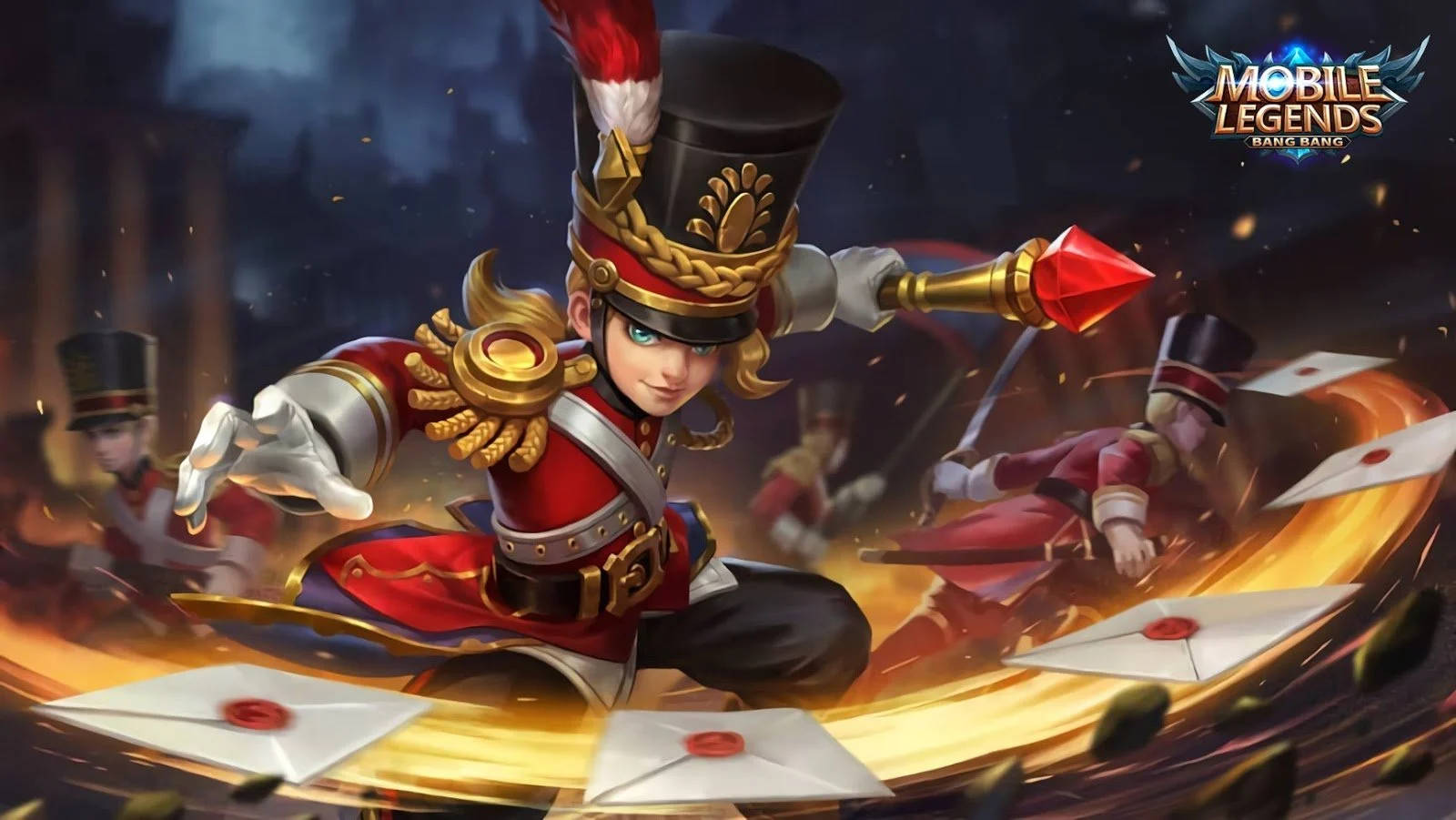 mobile legends logo 桌布 壁紙 — 一個動態動漫角色穿著紅色和金色軍服，在旋轉的信封中揮舞著發光的手杖，處於戲劇性的戰鬥場景。