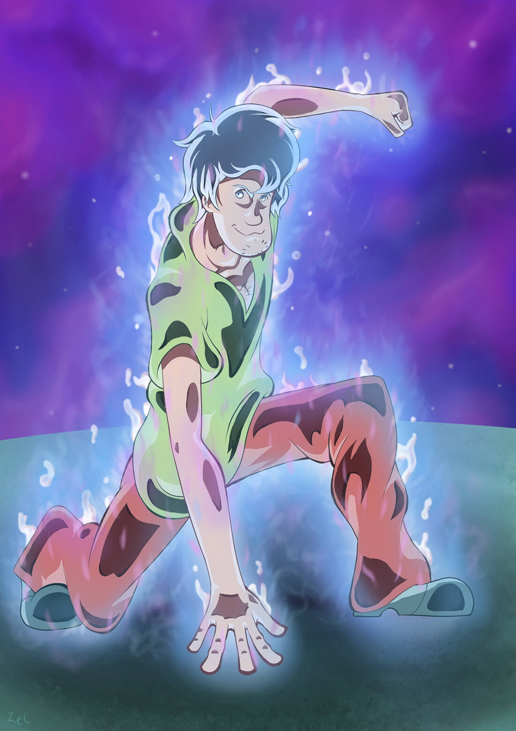 Shaggy 桌布 壁紙 — 一個動態動漫角色穿著綠色和棕色服裝，在發光的紫色宇宙背景前蹲伏於動作中。