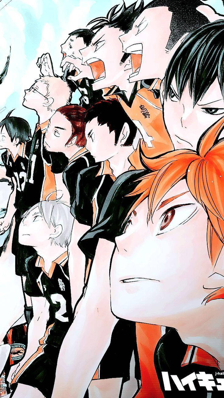 yu nishinoya 桌布 壁紙 — 一個動態動漫面板，描繪身穿黑色和橙色制服、表情強烈、燈光戲劇性的排球運動員。