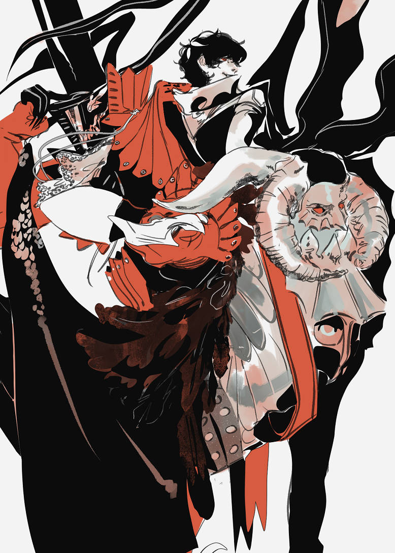 Royal 桌布 壁紙 — 一個動態動漫風格插圖，描繪身穿紅黑盔甲的戰士揮劍對抗一隻怪物般的大象生物。