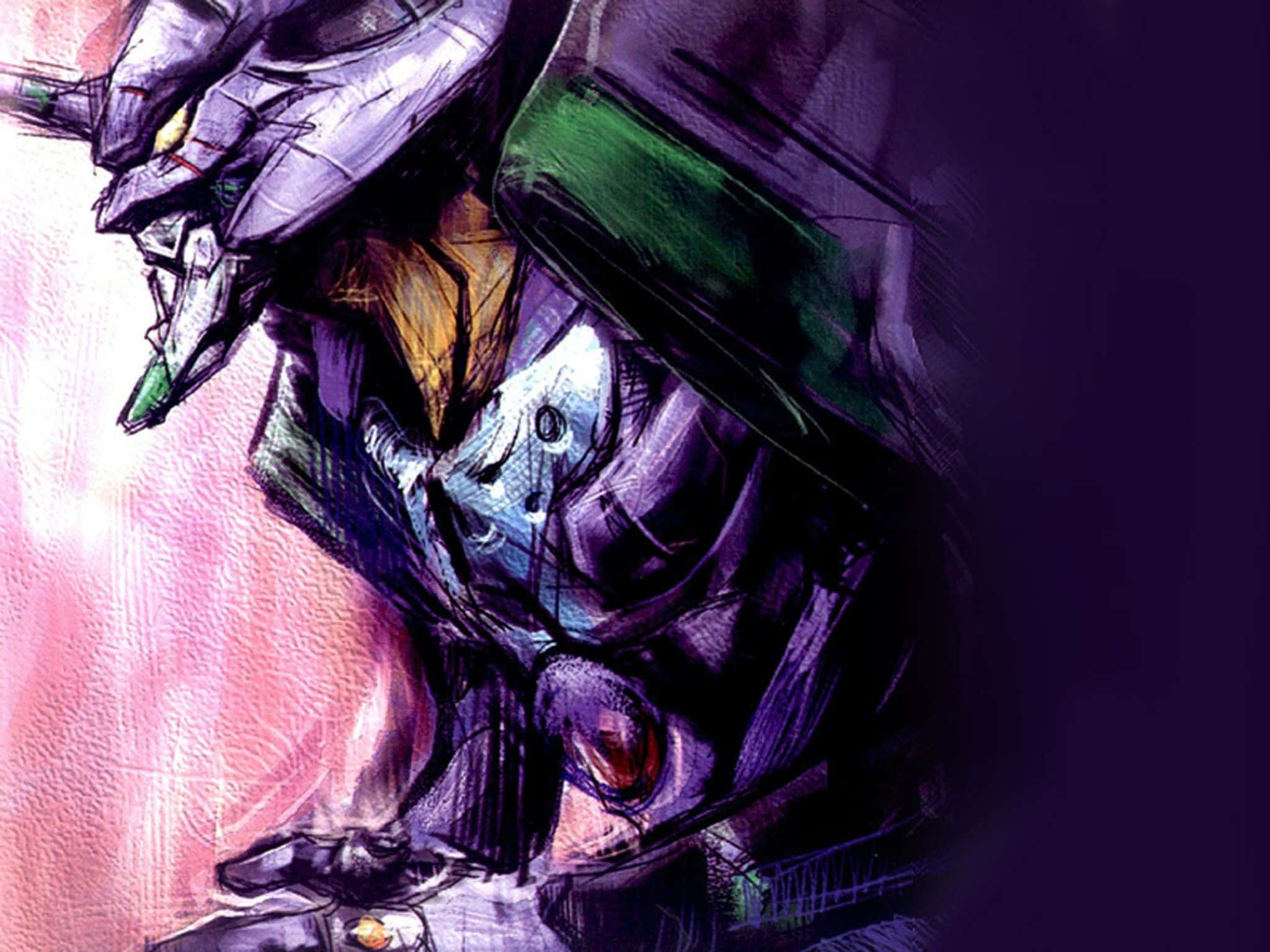 Eva 01 桌布 壁紙 — 一個動態動漫風格機器人，身穿紫色、綠色和金色裝甲，在粉紅色和深紫色背景前擺出戲劇性姿勢。