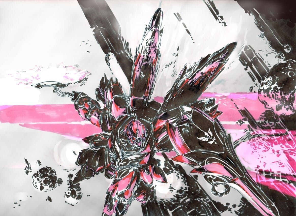 Gundam Unicorn 桌布 壁紙 — 一個動態動漫風格機甲，配以粉紅色和黑色裝甲，衝破飛濺的背景。