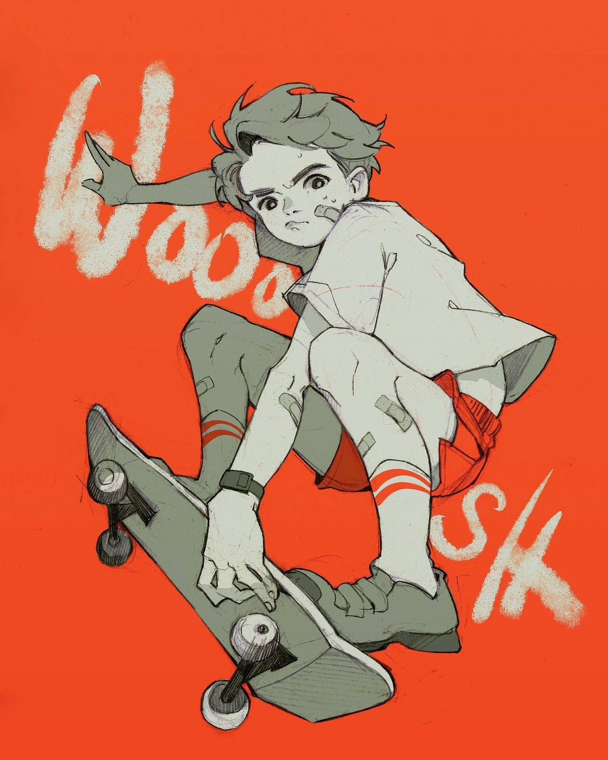 Skater Boy Aesthetic 桌布 壁紙 — 一個動態動漫風格滑板手在半空中，背景為大膽橙色，帶有白色動態文字。