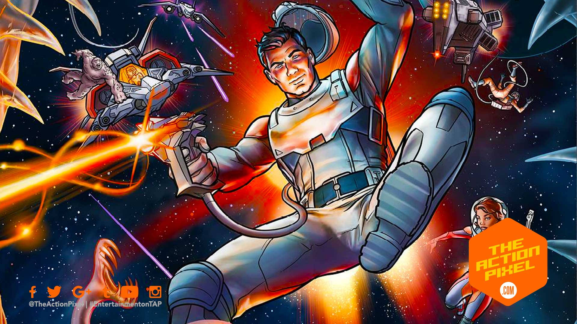 archer 桌布 壁紙 — 一個動態動漫風格的太空戰士在爆炸的飛船和宇宙碎片中發射發光武器。