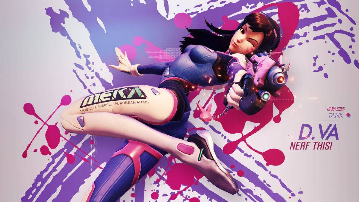 D.Va 桌布 壁紙 — 一個動態動漫風格的女玩家，穿著紫色和粉紅色的機甲服，在鮮豔的顏料飛濺效果中跳躍並手持武器。