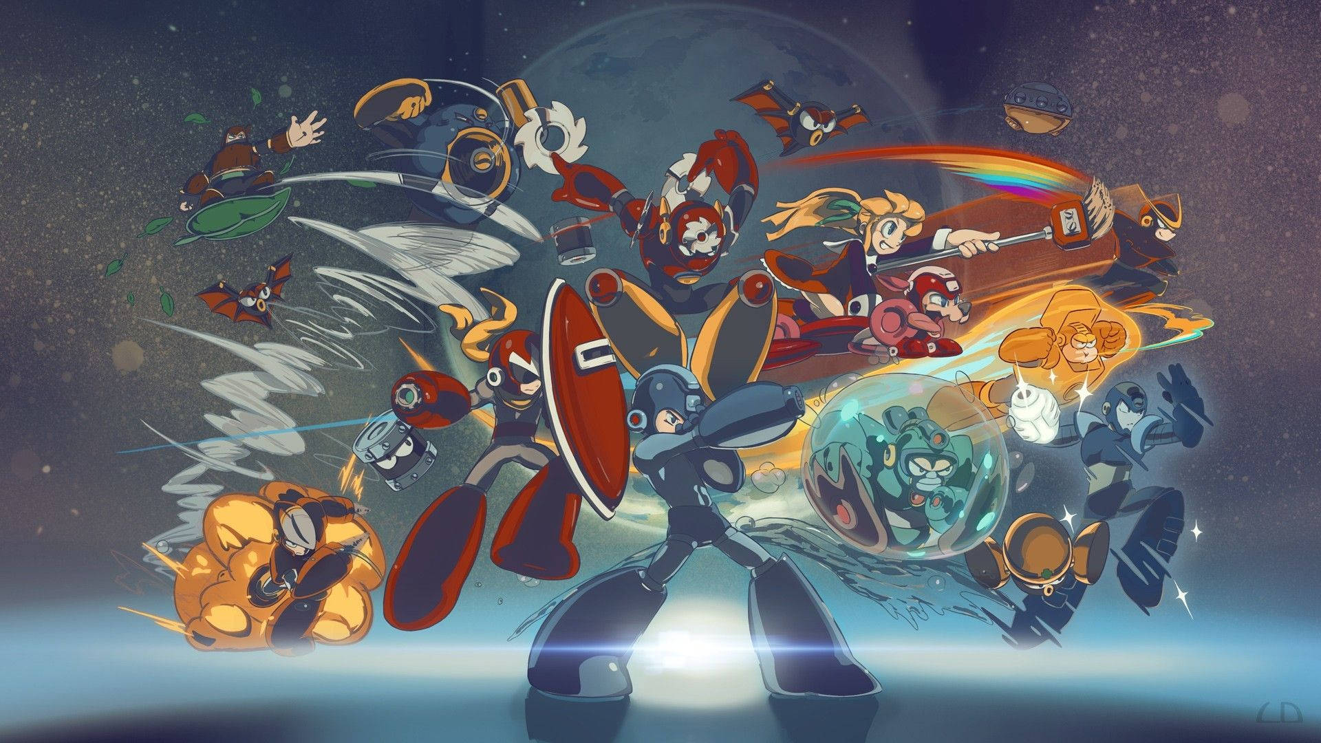Megaman 桌布 壁紙 — 一個動態動漫風格的機器人和人類角色群體，在宇宙背景下擺出動作姿勢，下方有一顆發光的行星。