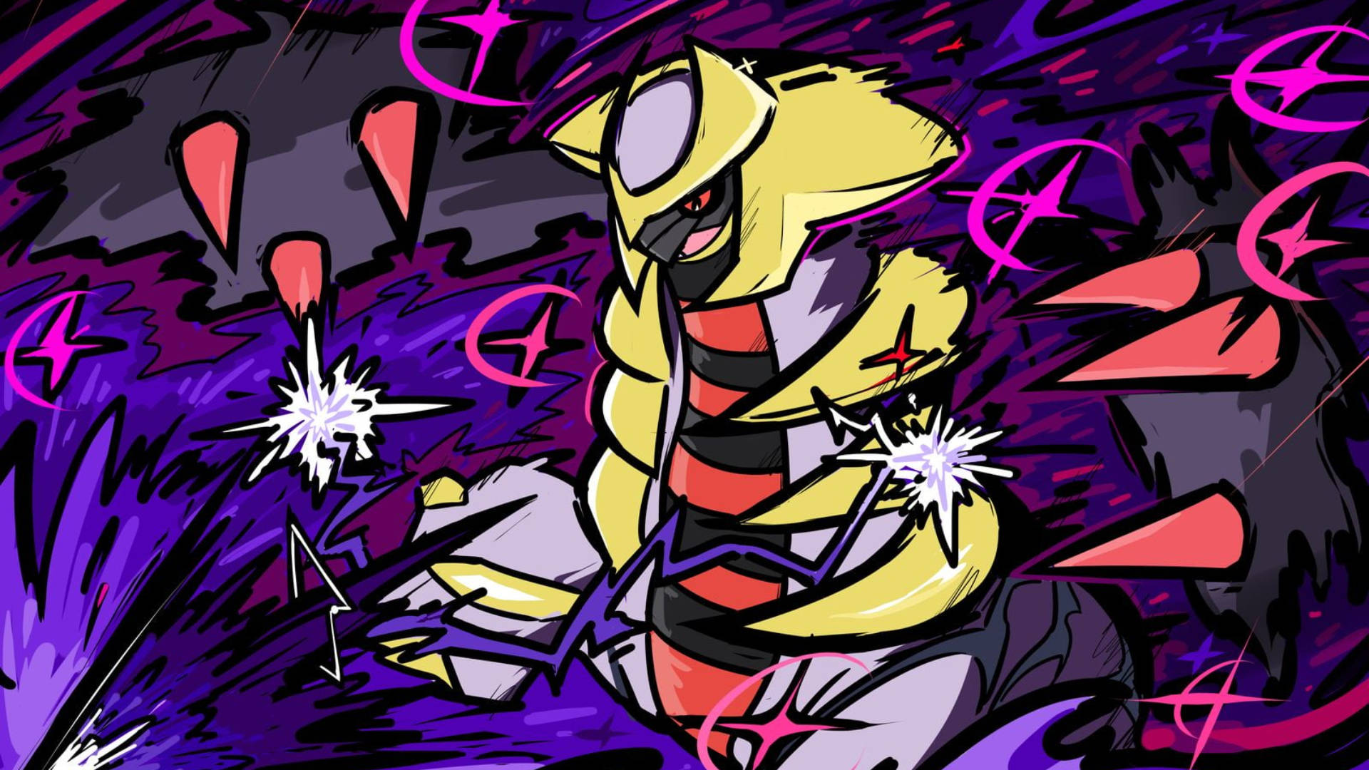 Giratina 桌布 壁紙 — 一個動態動漫風格的電系寶可夢在充滿活力的紫色和粉紅色爆炸背景中釋放出劈啪作響的能量。