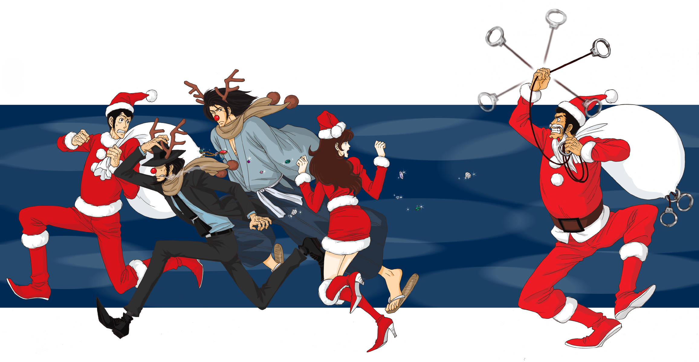 Lupin 桌布 壁紙 — 一個動態動漫風格追逐場景，角色穿著聖誕老人服裝從一個手持武器的聖誕老人形象逃跑。