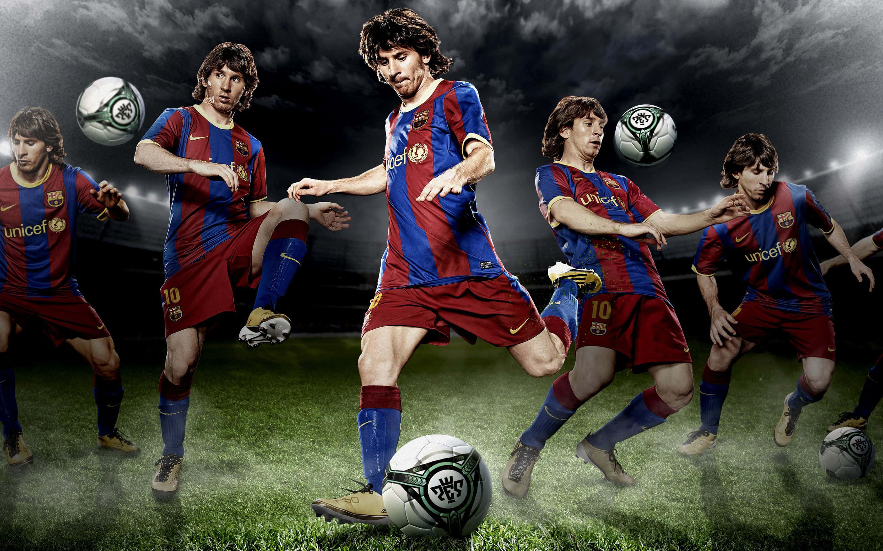 Soccer 4K 桌布 壁紙 — 一個動態合成影像，一名身穿紅藍間條的足球員在戲劇性的球場燈光下於草地上盤球。
