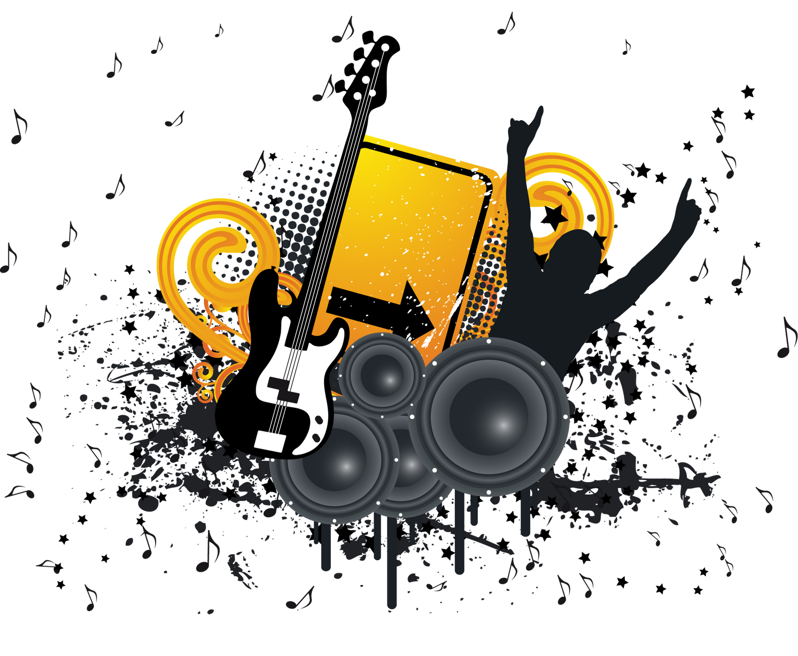 音樂 桌布 壁紙 — 一個動態圖形設計，以低音吉他、揚聲器、火焰和音符從金色唱片中爆發出來，背景為黑色。